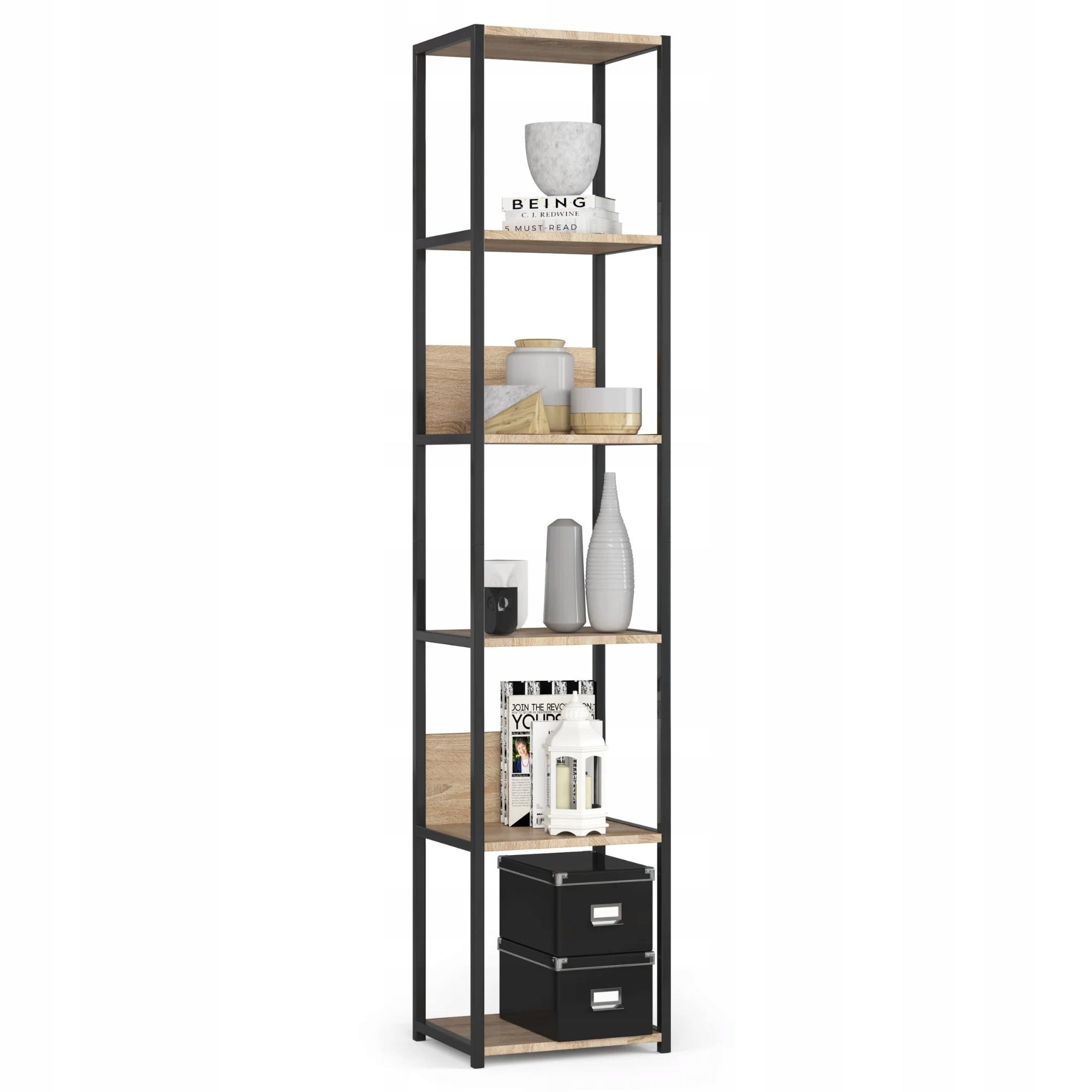 Regał loftowy metalowy 40 cm czarny-dąb sonoma 6 półek