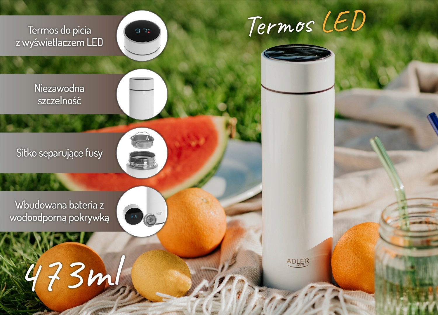Termos LED AD 4506 z Wyświetlaczem 473ml Biały