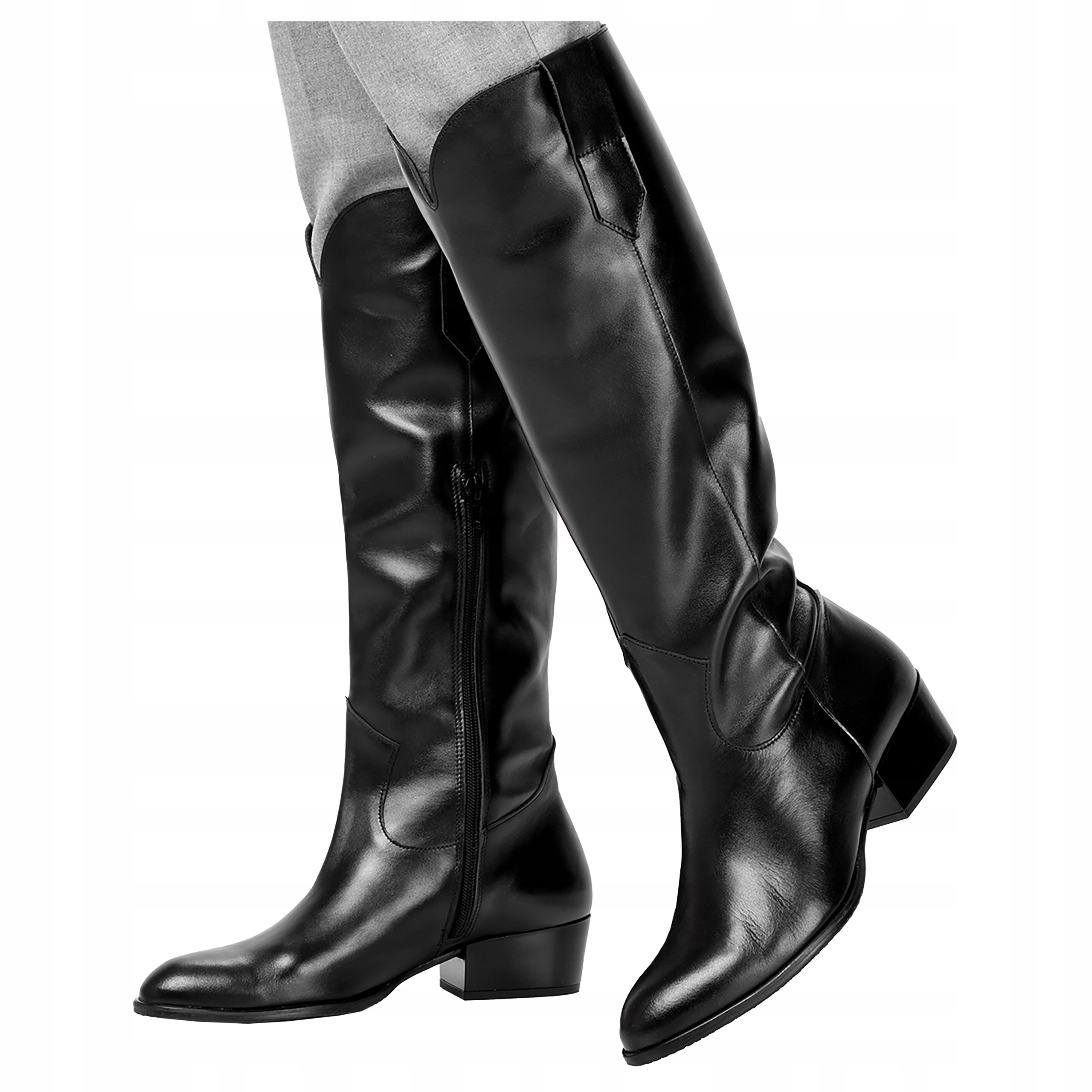 Kožené Kozačky Kovbojské Boty Na Nízkém Podpatku, Černé, Výrobek Polský, velikost 40