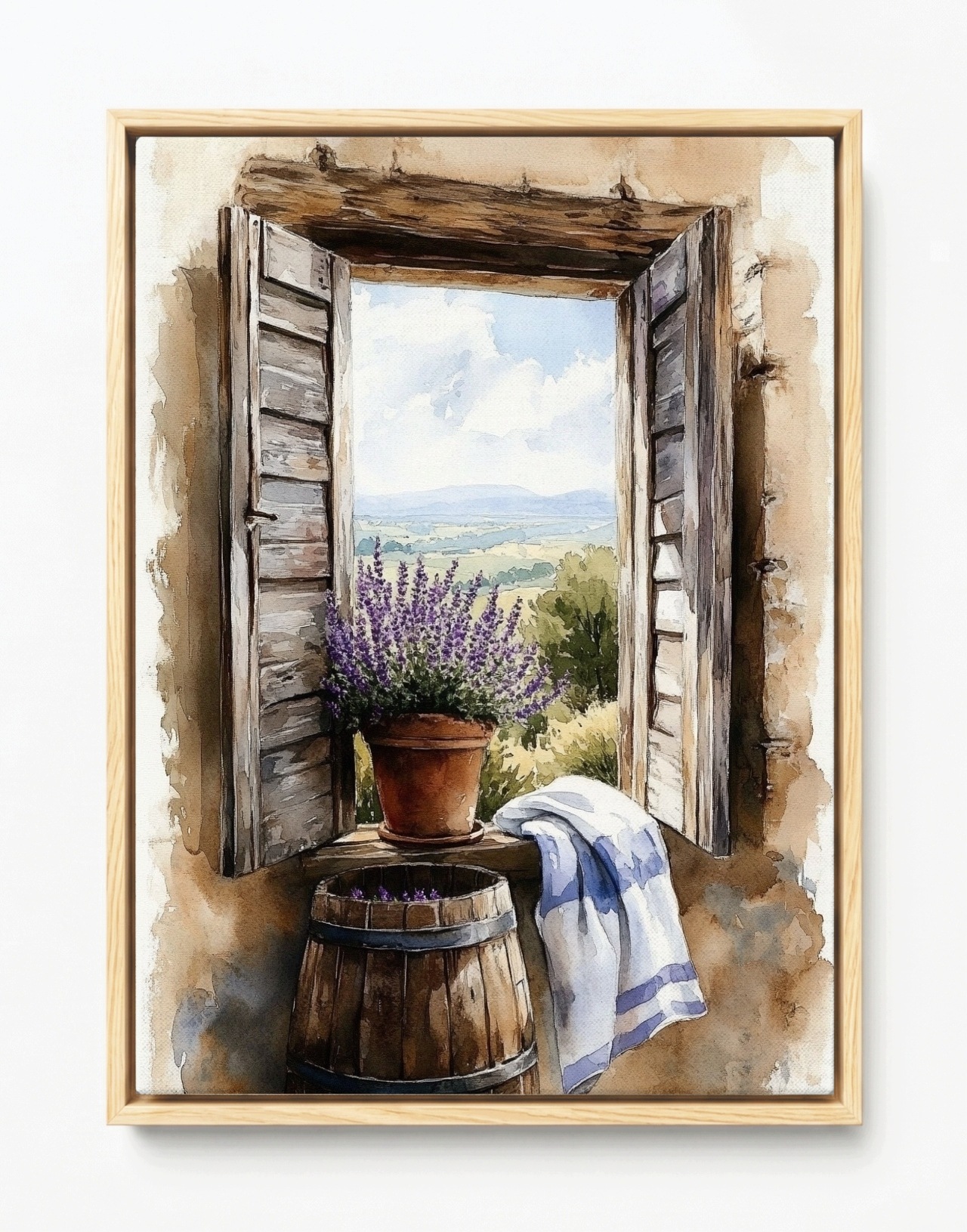 Obraz Rám Americký Box Akvarel Provence Okno Pohled Levandule Květiny 60x80