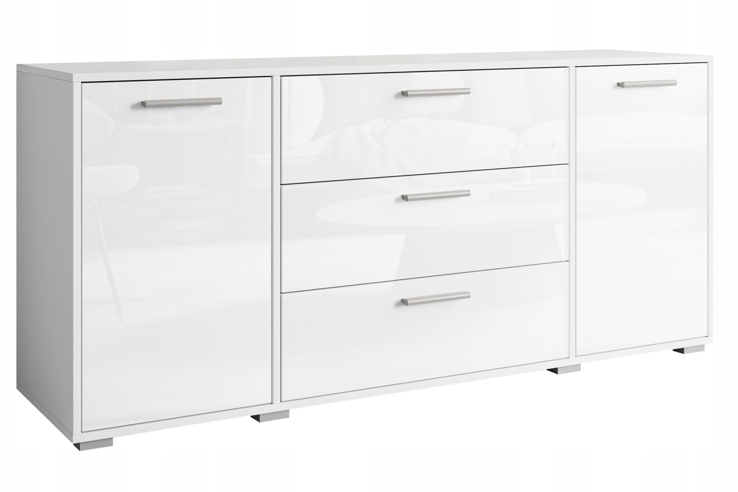 Moderní komoda 150 cm do obývacího pokoje, 3 zásuvky, 2 skříňky, čela, lesk, bílá