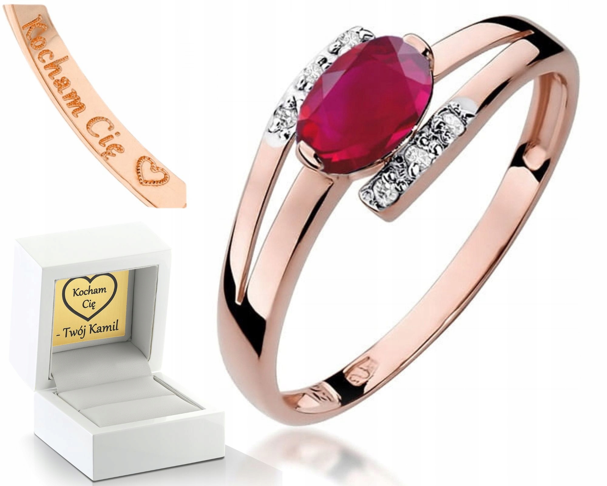 Zásnubní Prstýnek S Rubíny A Diamanty, Růžové Zlato, Gravírování Dárek