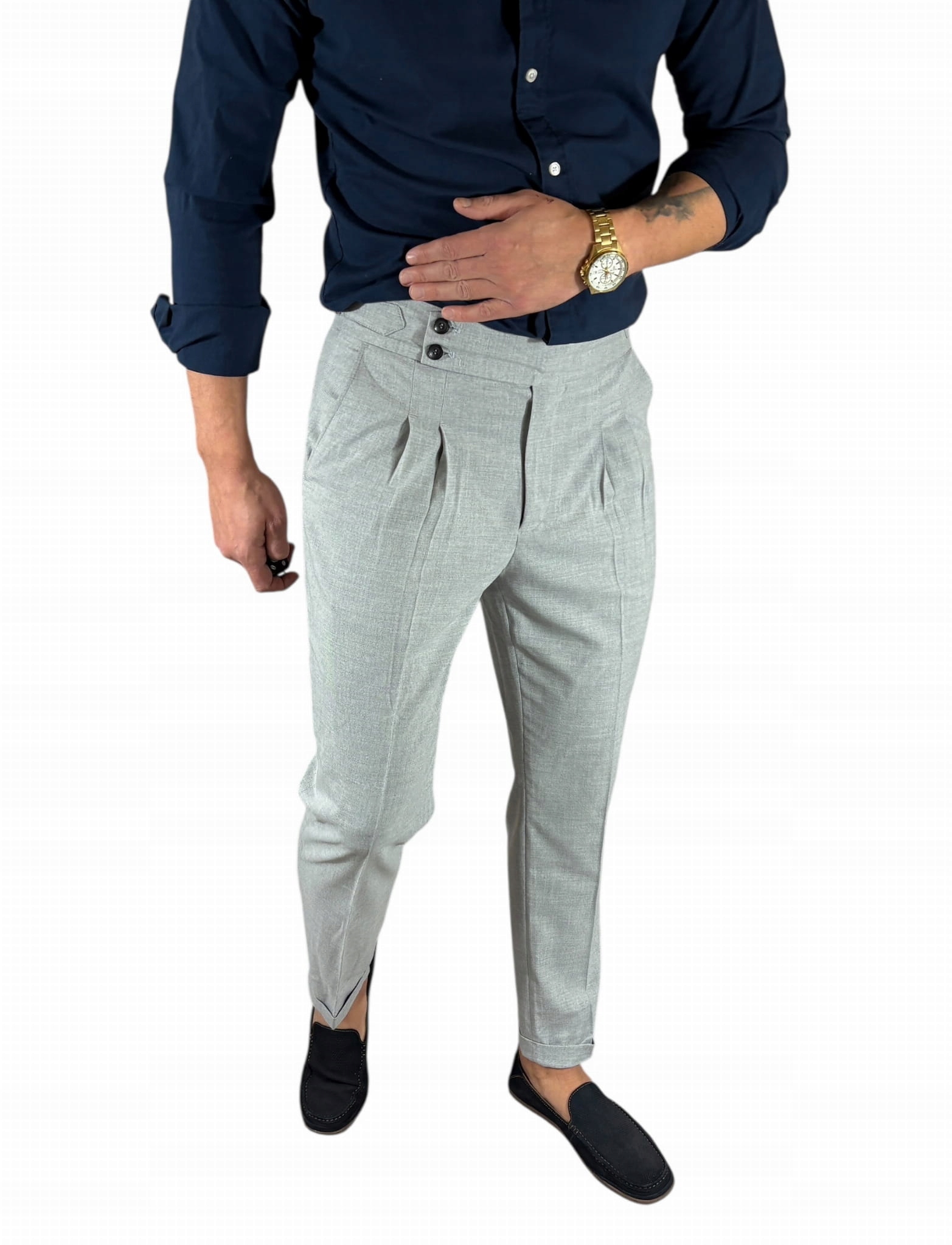 Pánské společenské kalhoty s vysokým pasem, šedo-popelavé, hladké, DJ21 W33