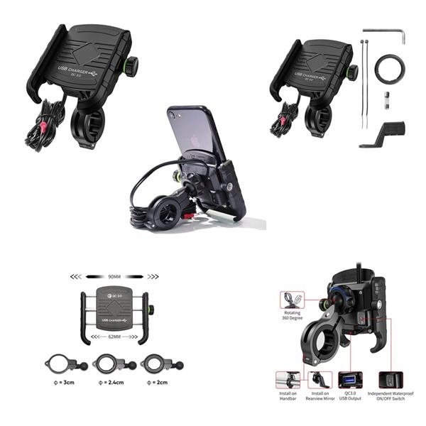 Biketec Propagační Držák Na Motocykl S Nabíječkou Usb 3.0 Pro Montovaný Telefon