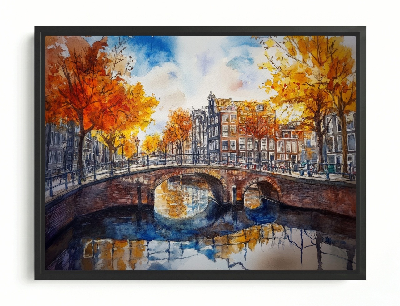 Obraz Rám American Box Podzimní Amsterdam Most Nad Kanálem Akvarel 80x60