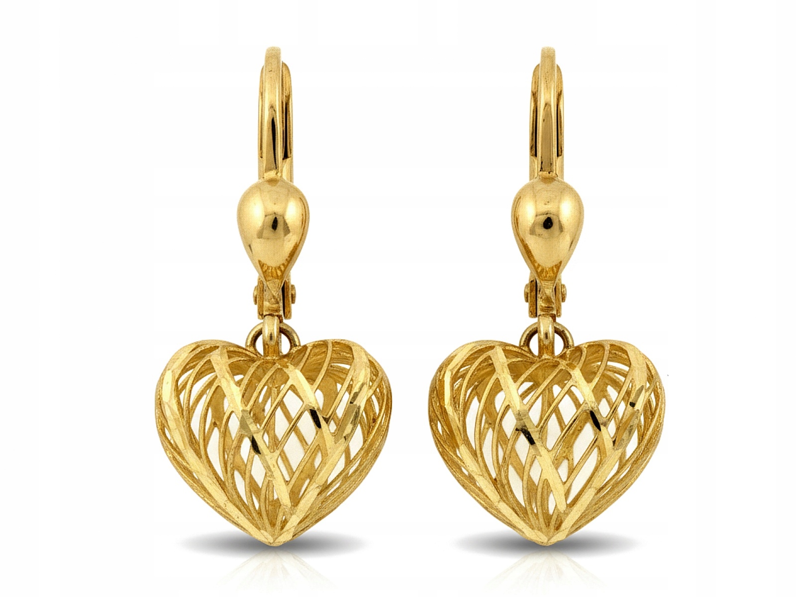 Zlaté náušnice visící 585 srdce prolamované na anglickém zapínání pro ni