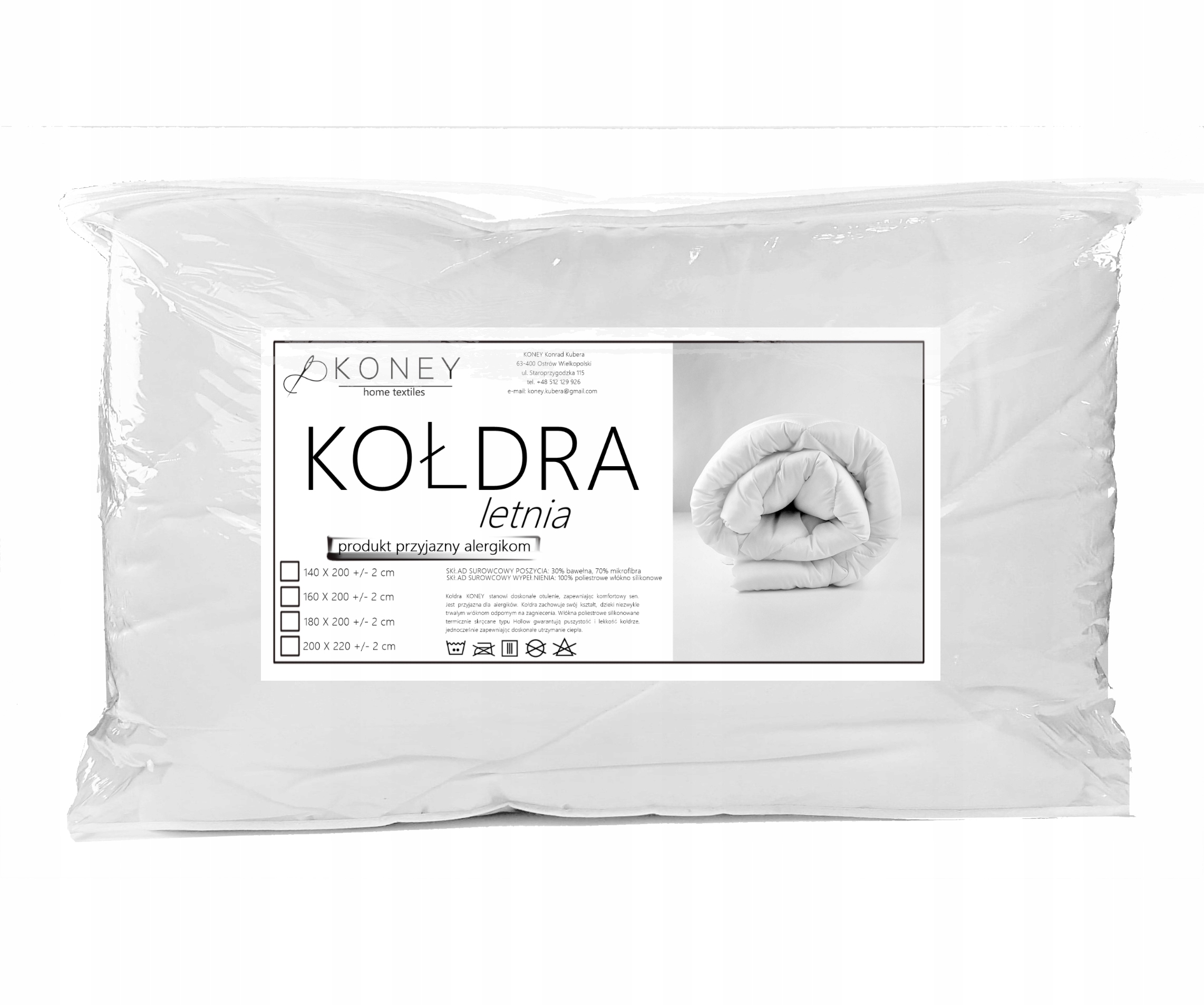 KOŁDRA LETNIA ANTYALERGICZNA LEKKA SPRĘŻYSTA PRODUKT POLSKI 200X220 Marka Koney