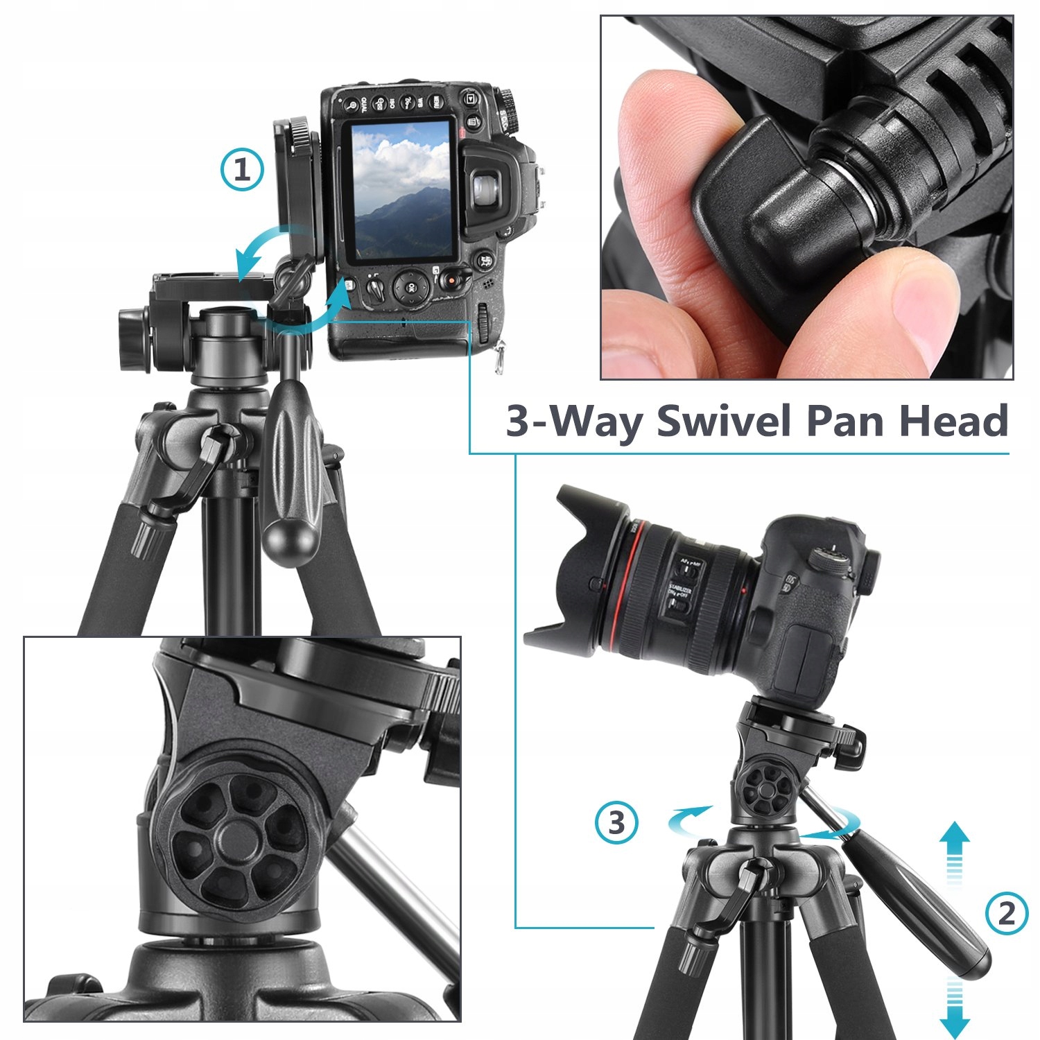 NEEWER Przenośny Statyw Aluminiowy 142cm z Głowicą 3D do DSLR i Kamer — miniatura 5