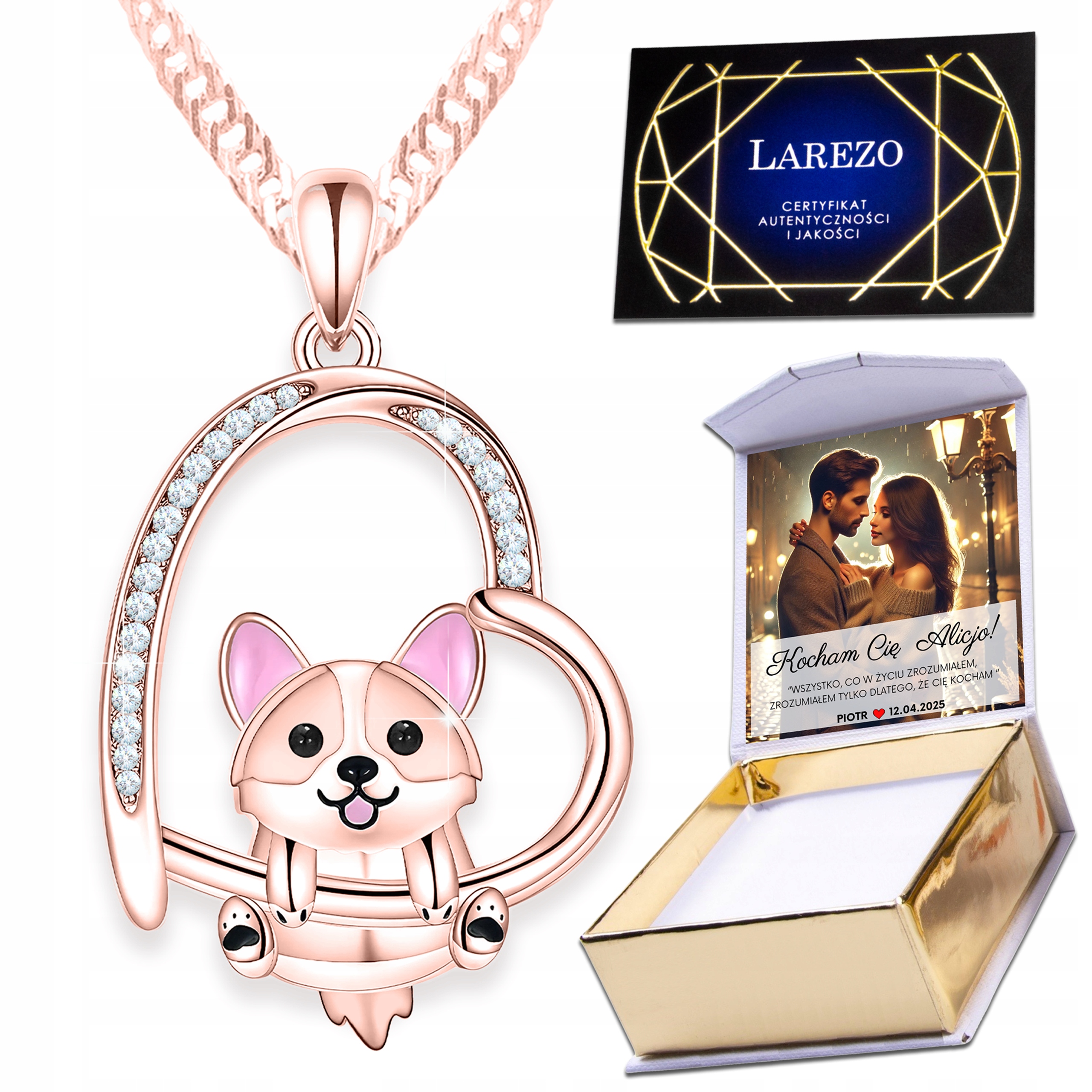 Náhrdelník Pozlacený 925 Srdce s zirkony Pes Pejsek v srdci Dog Print