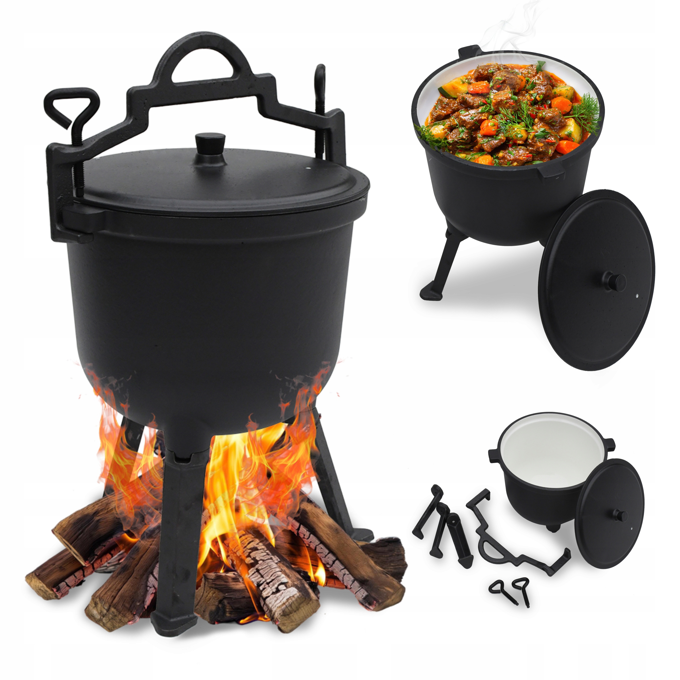 Litinový kotlík 8 l Emaliovaný Lovecký hrnec pečeně na oheň gril