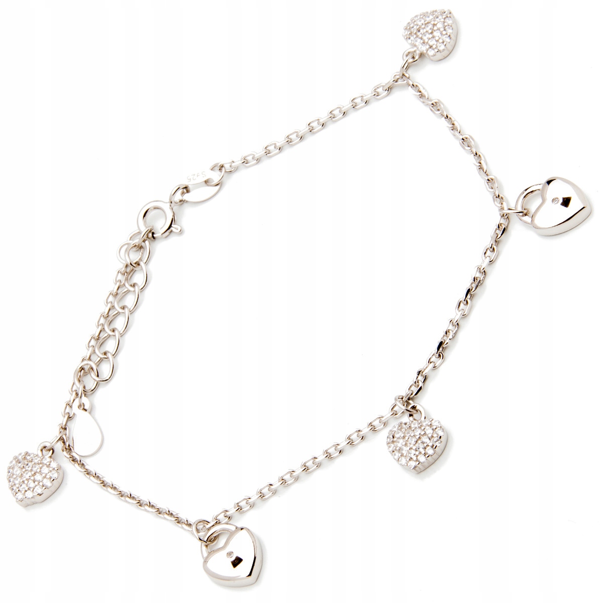 Stříbrný náramek 925 srdce s visacími zámky zirkony