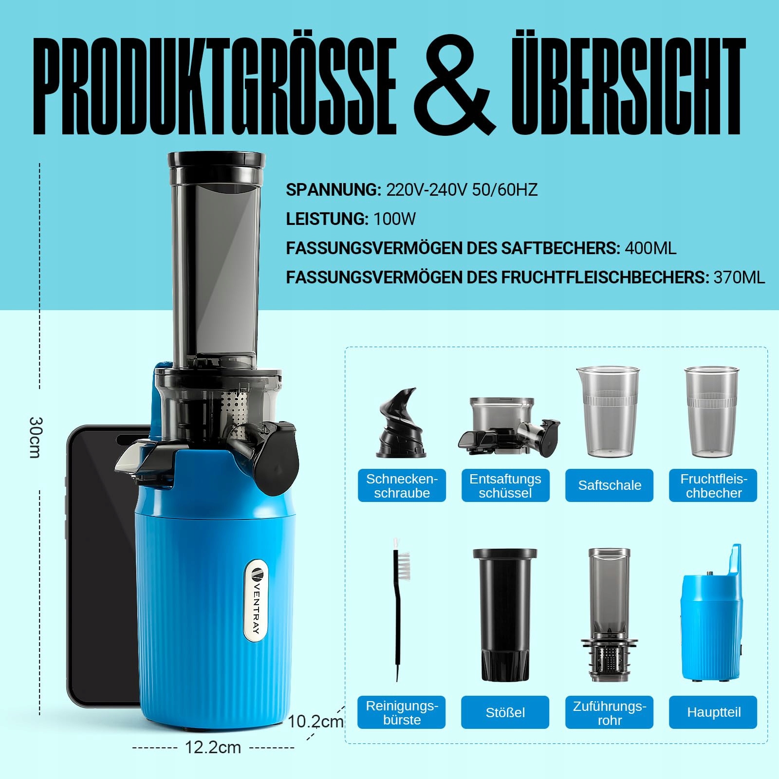 VENTRAY Ginnie Wolnoobrotowa Wyciskarka 100W Niebieska — miniatura 8