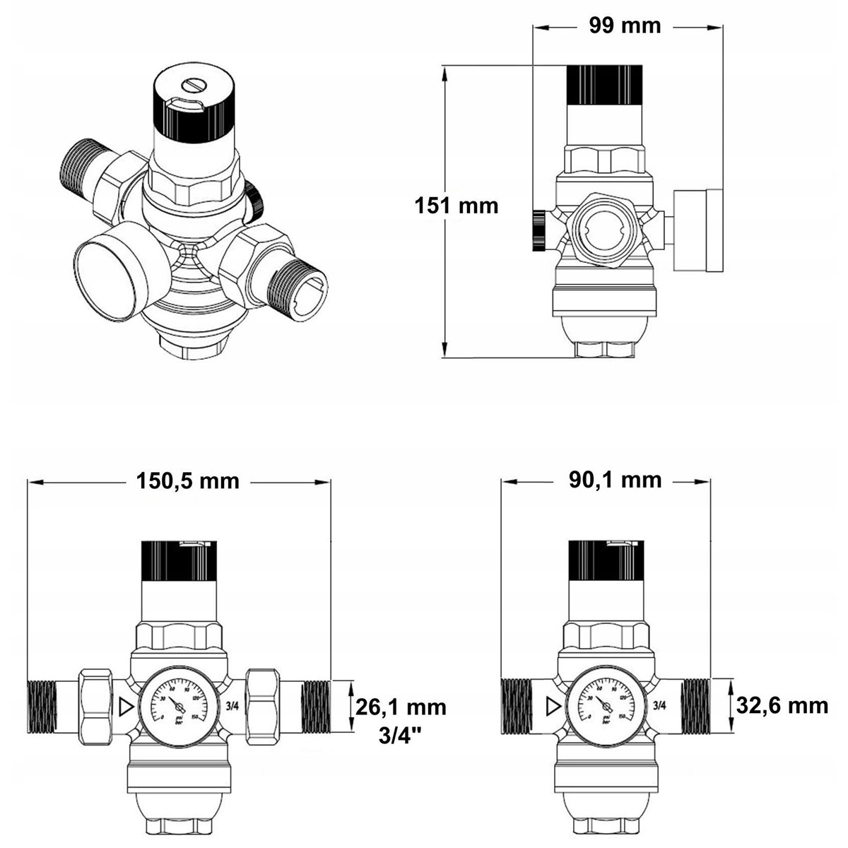 Reduktor Tlaku Vody 1 Palec 3/4 Manometr+dlouhý Filtr S Ventilem 3Ccc