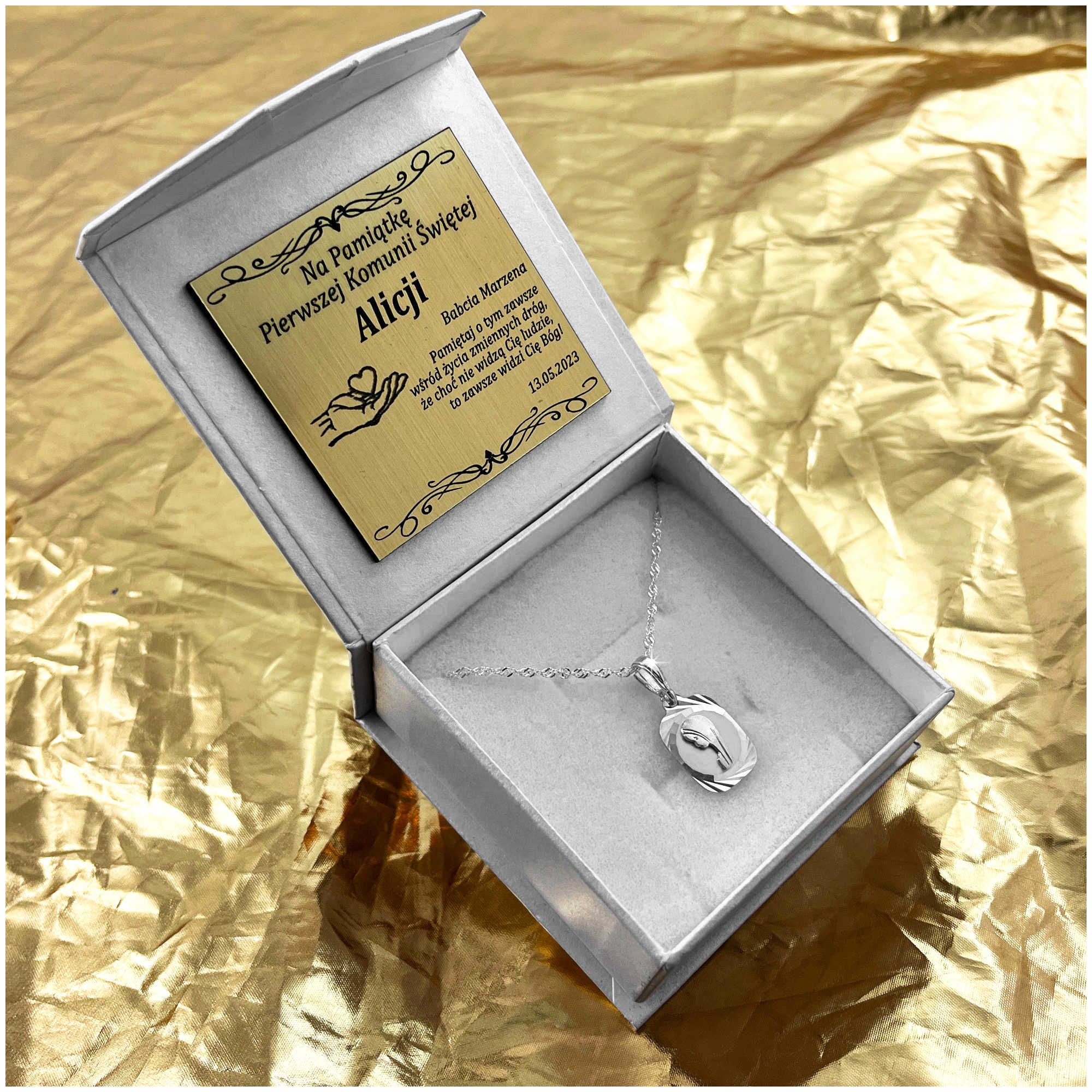 SREBRNY ŁAŃCUSZEK + MEDALIK MATKA BOSKA 925 PREZENT KOMUNIA CHRZEST GRAWER Kolor srebrny