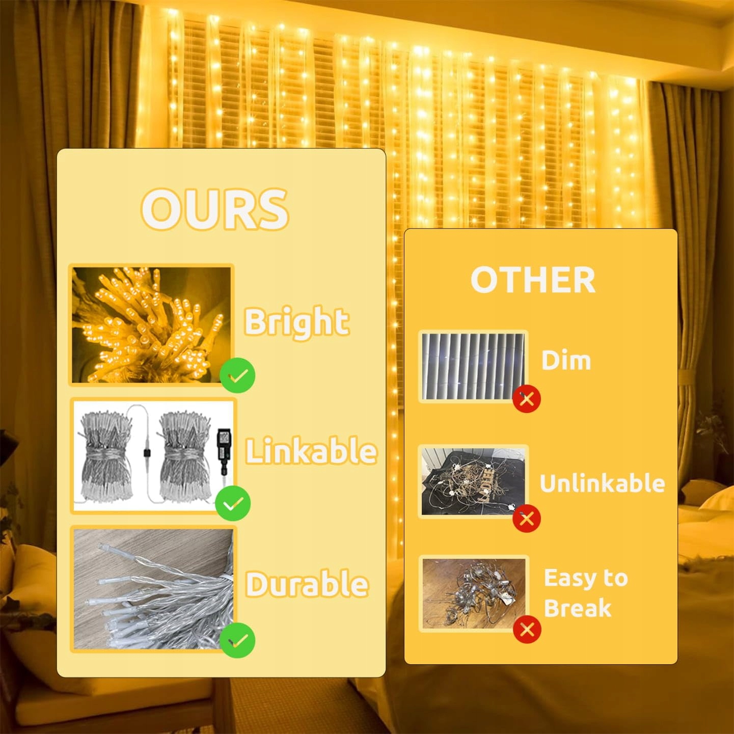 COZYMEOW Kurtyna Świetlna 3x3m 300 LED Wodoodporna Balkon Ogród Wesele — miniatura 3
