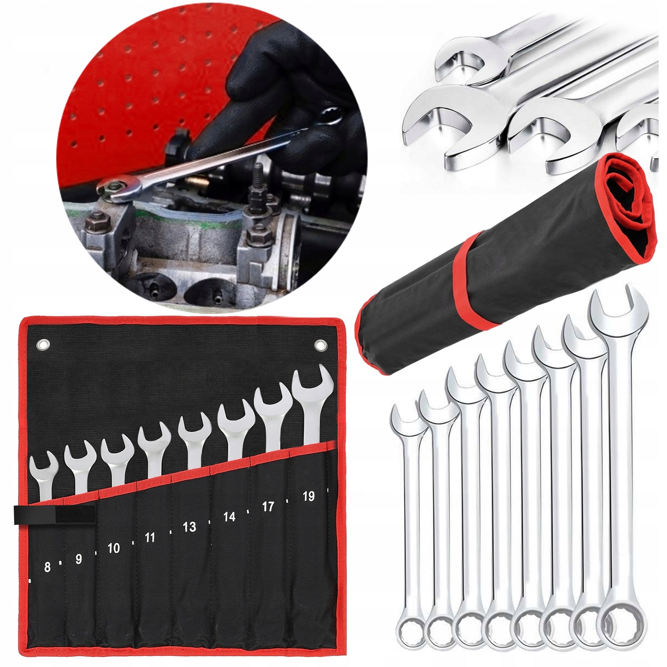 Zestaw Kucz Klucze Płaskie Oczkowe 8-19mm Komplet Kluczy Płaskich Pokrowiec