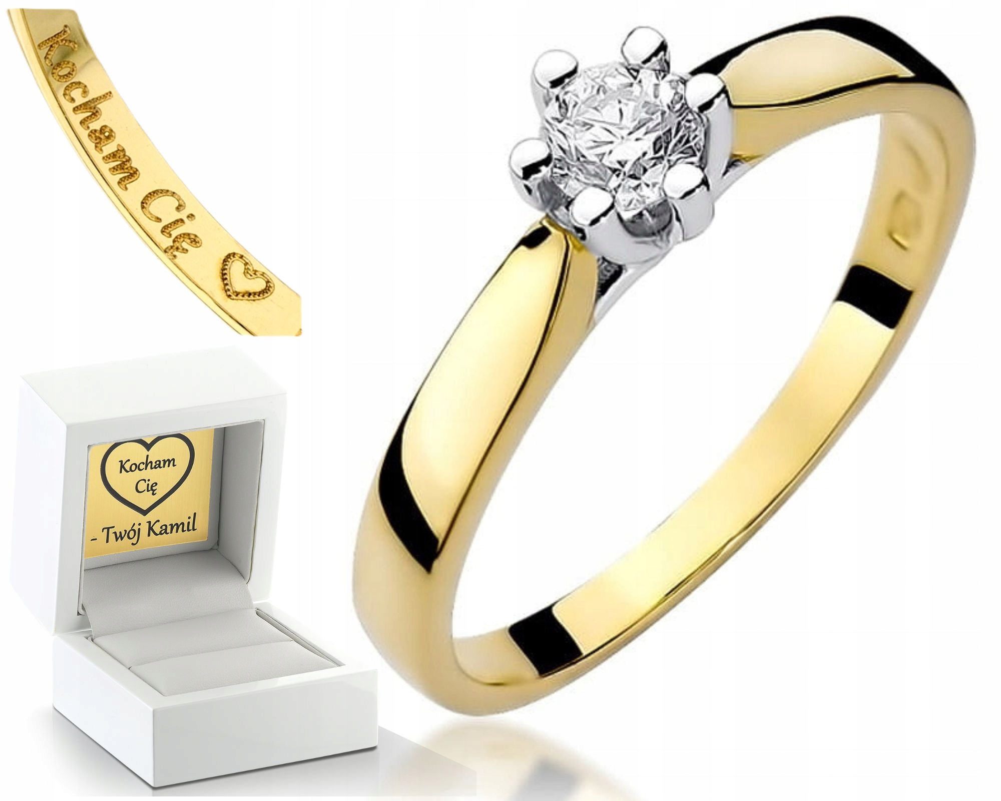 Žluté Zlato Prstýnek Na Zásnuby Diamant Gravírování Bonus 585 Dárek