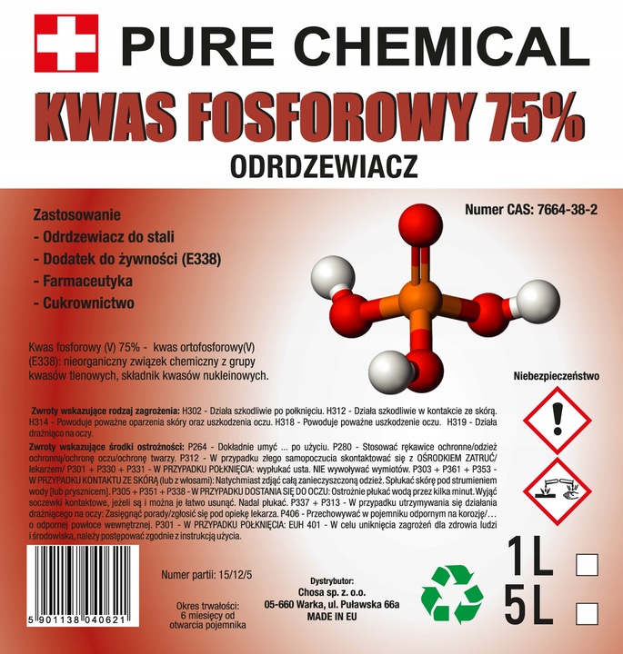ODRDZEWIACZ DO STALII I ŻELIWA KWAS FOSFOROWY 75% 1L Producent Inny