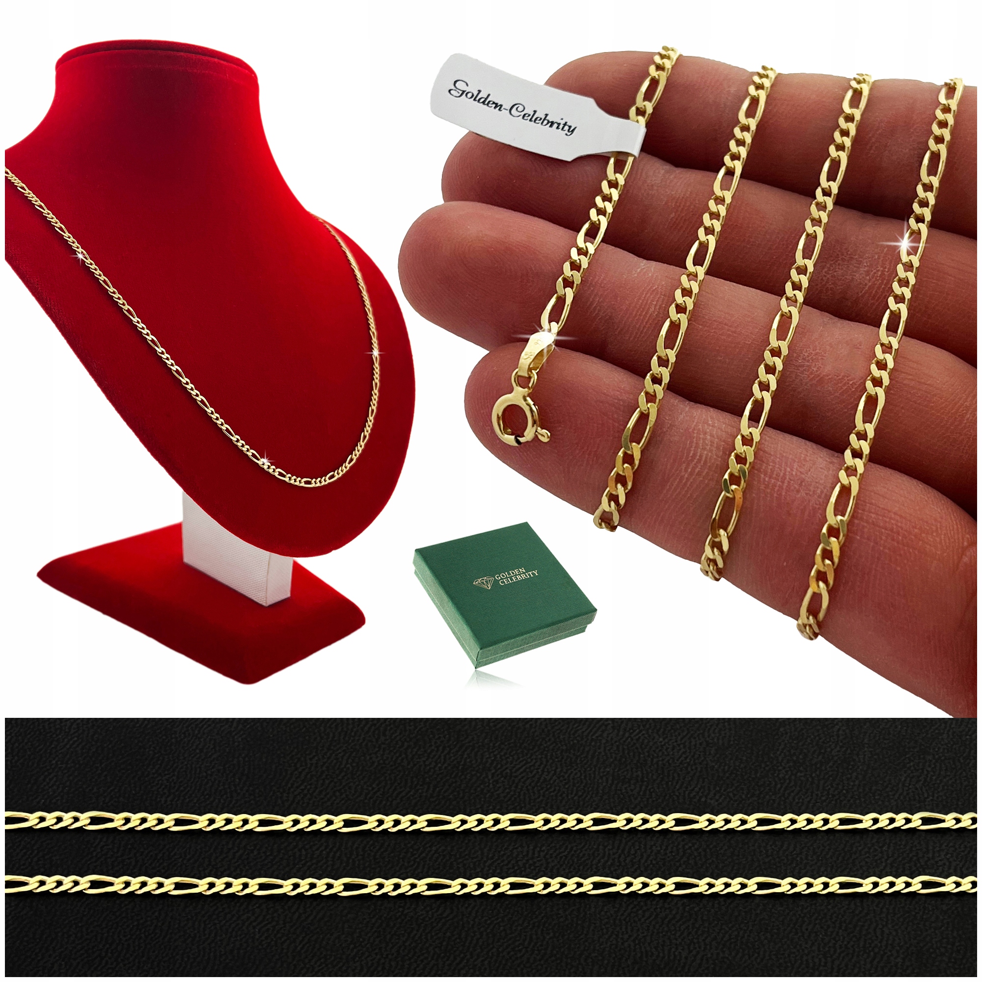 Krásný Zlatý Řetízek Řetízek Figaro 60cm/2mm 925/585 Diamant Bonus