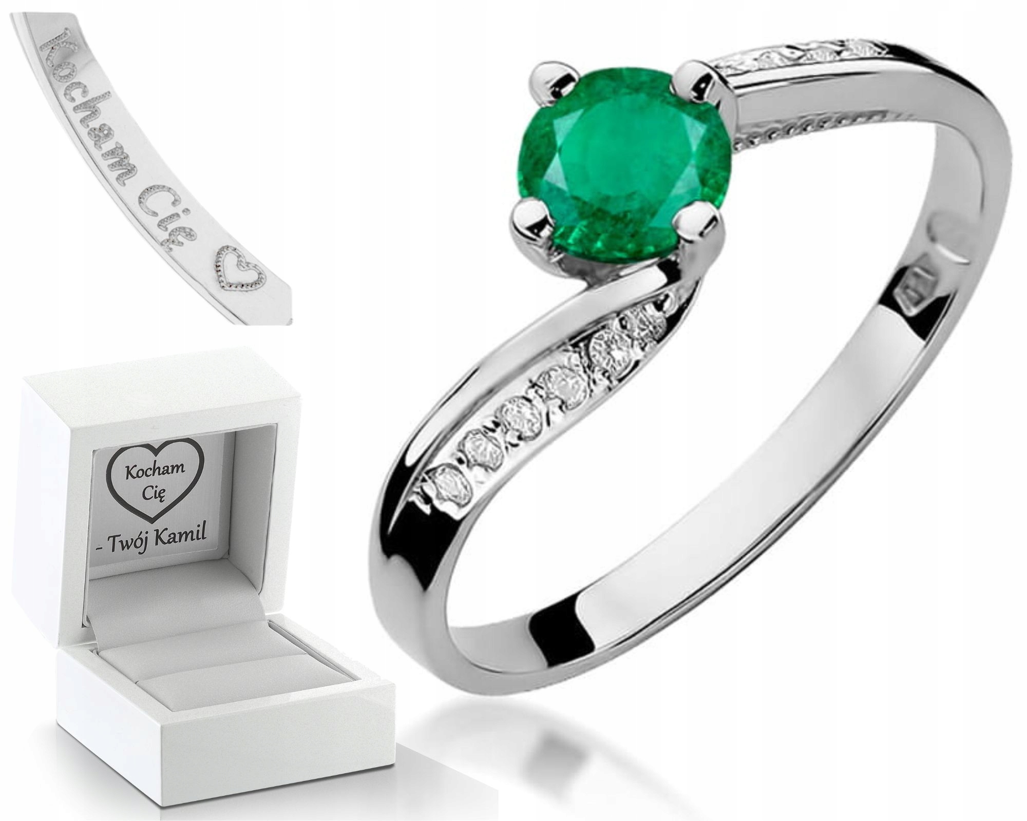 Bílý Zlatý Prstýnek S Smaragdem, Diamanty 585