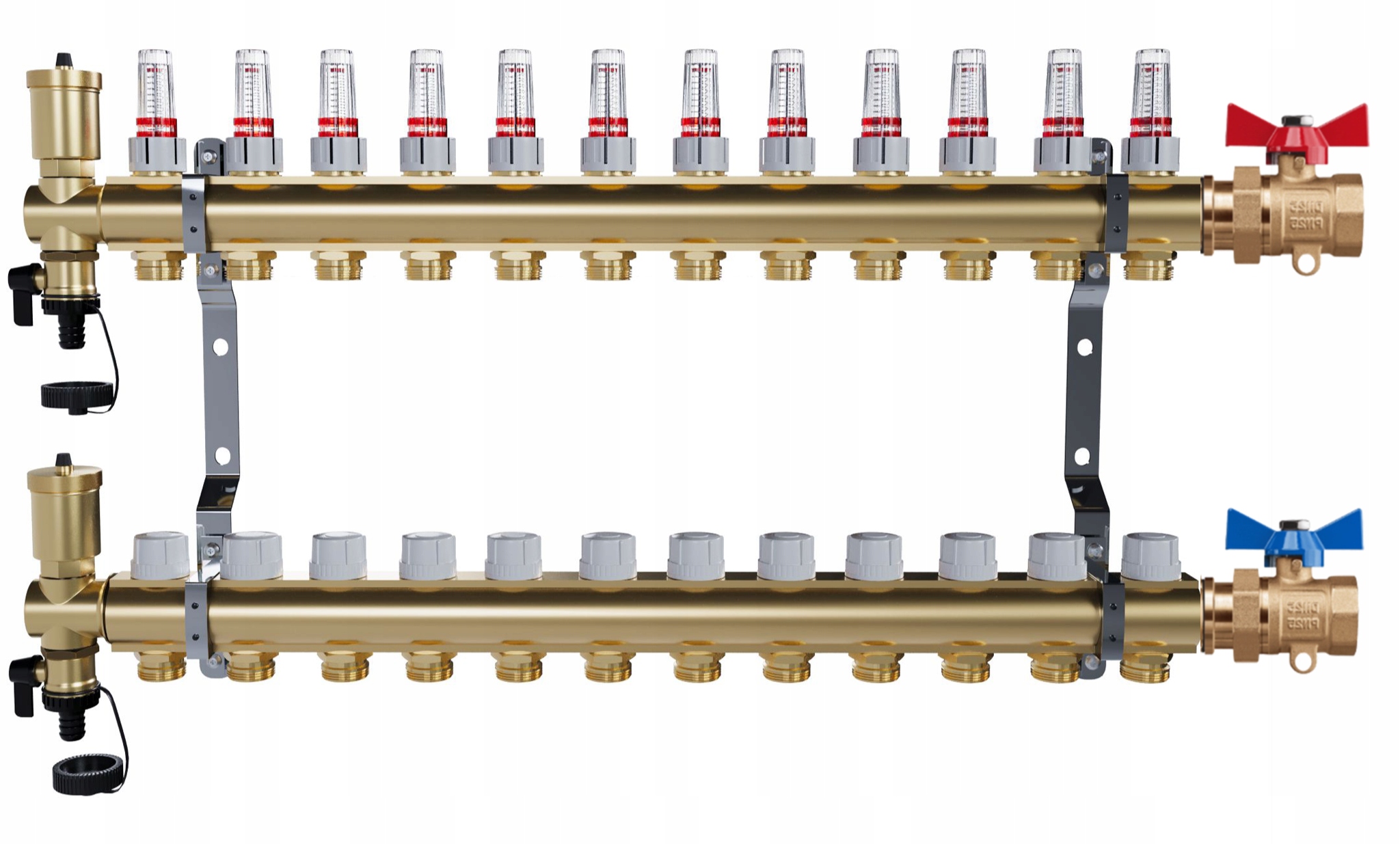 Rozdělovač pro podlahové vytápění – 12 okruhů jednoduché kulové ventily