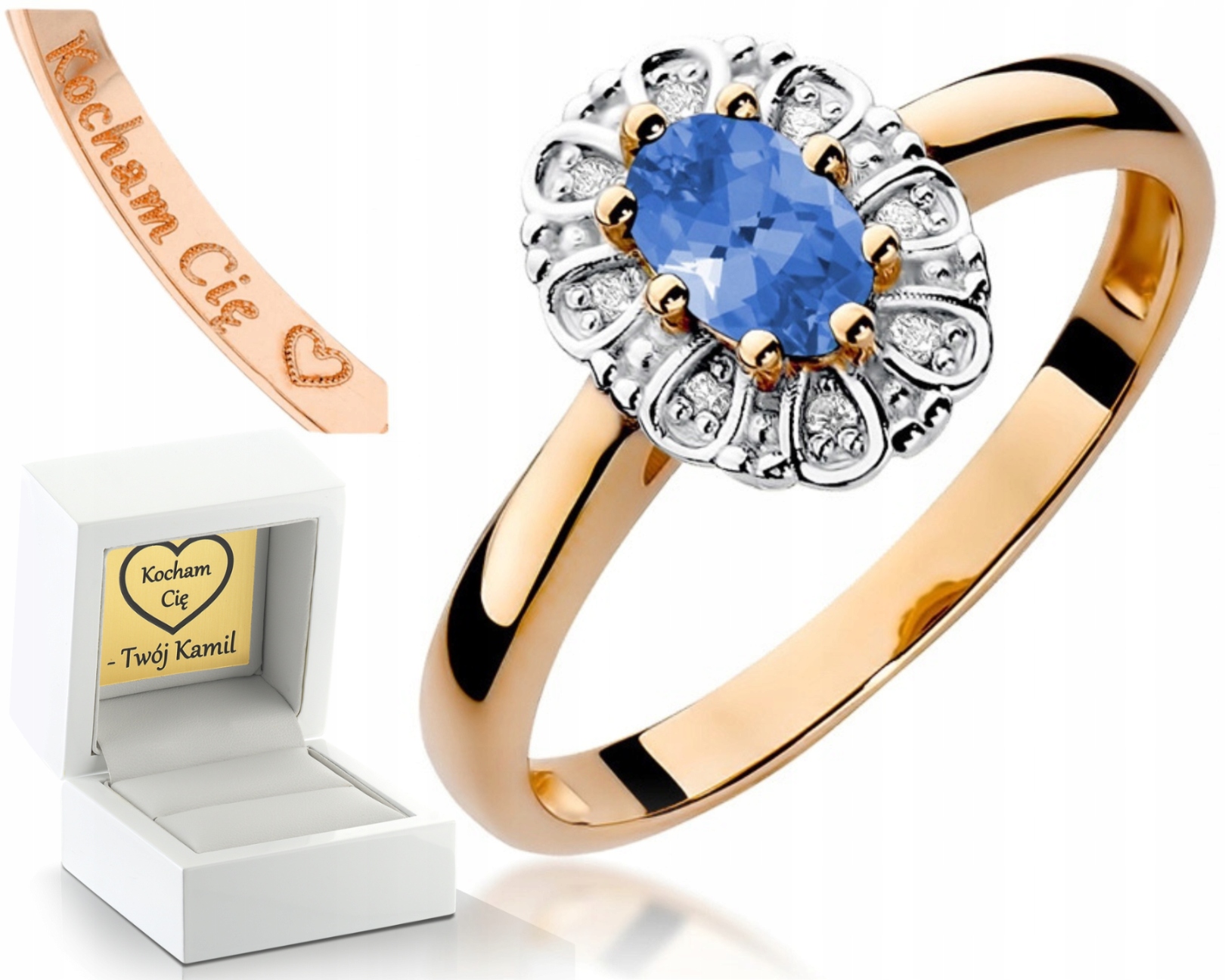 Růžové Zlato Prstýnek Tanzanit Briliant Gravírování