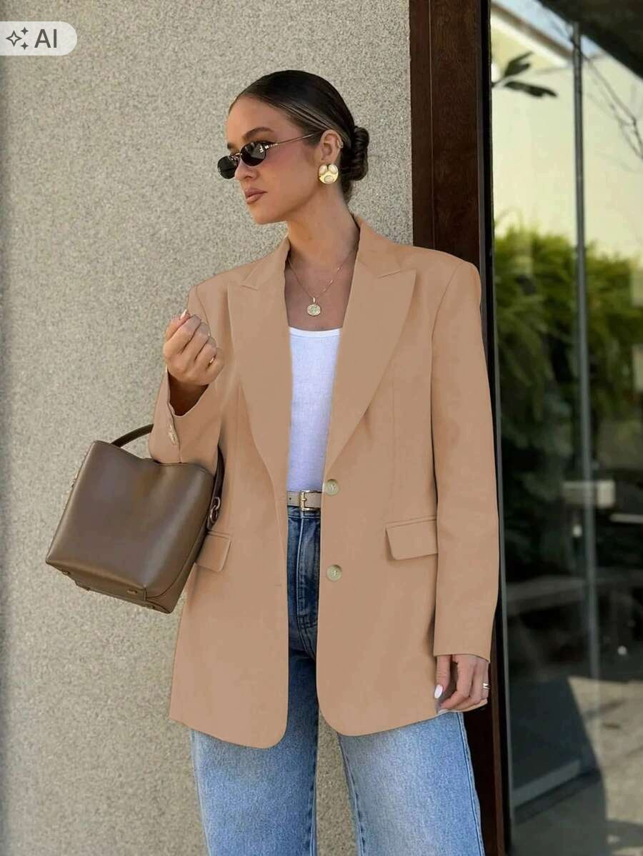 Shein Béžová Sako S Dlouhým Rukávem A Klopami, Velikost XL 1LA
