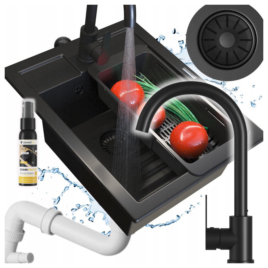 Dřez Jednokomorový černý granitový Kuchyňská Baterie stojící Best