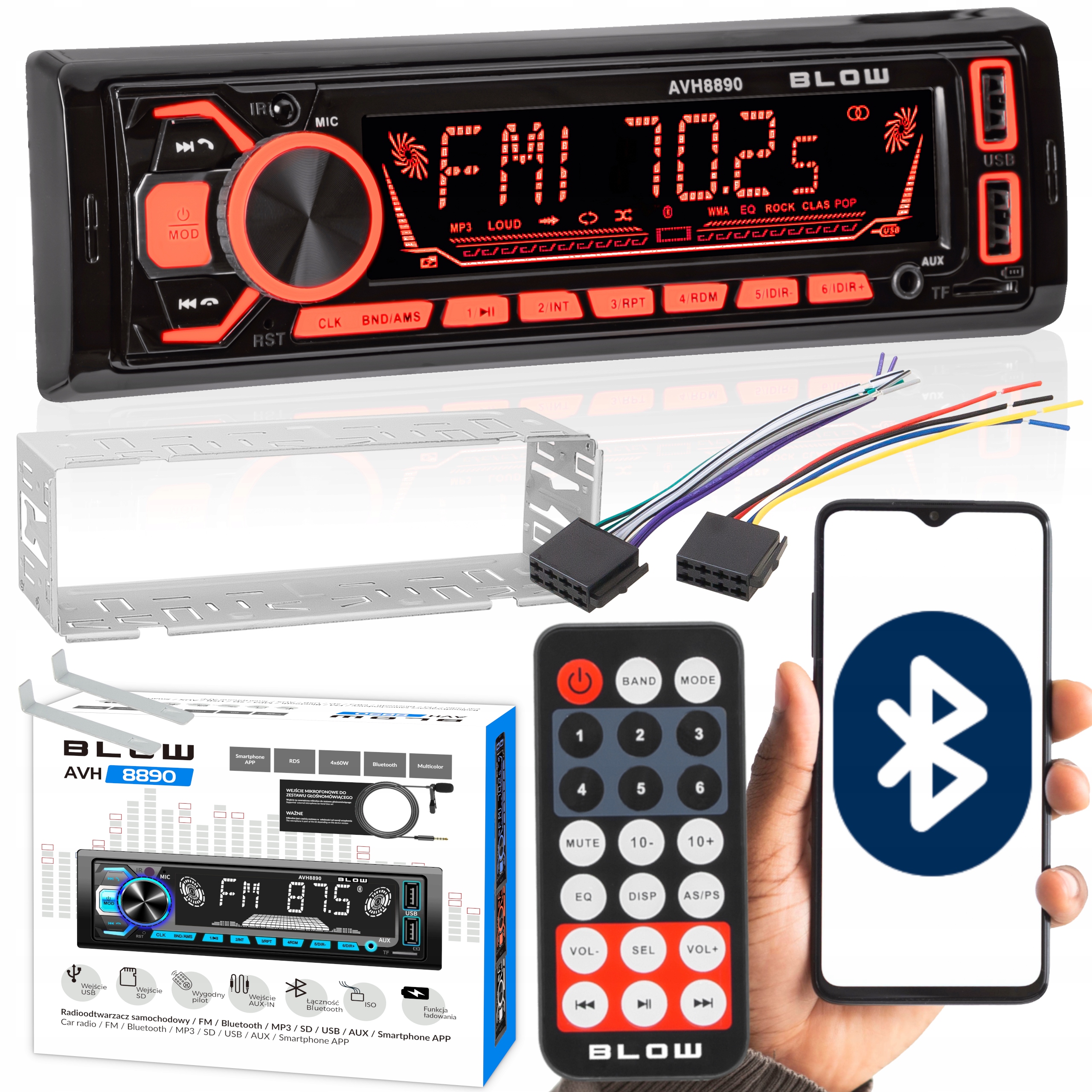 Radio Samochodowe 1-DIN Bluetooth Usb Sd Pilot Zestaw