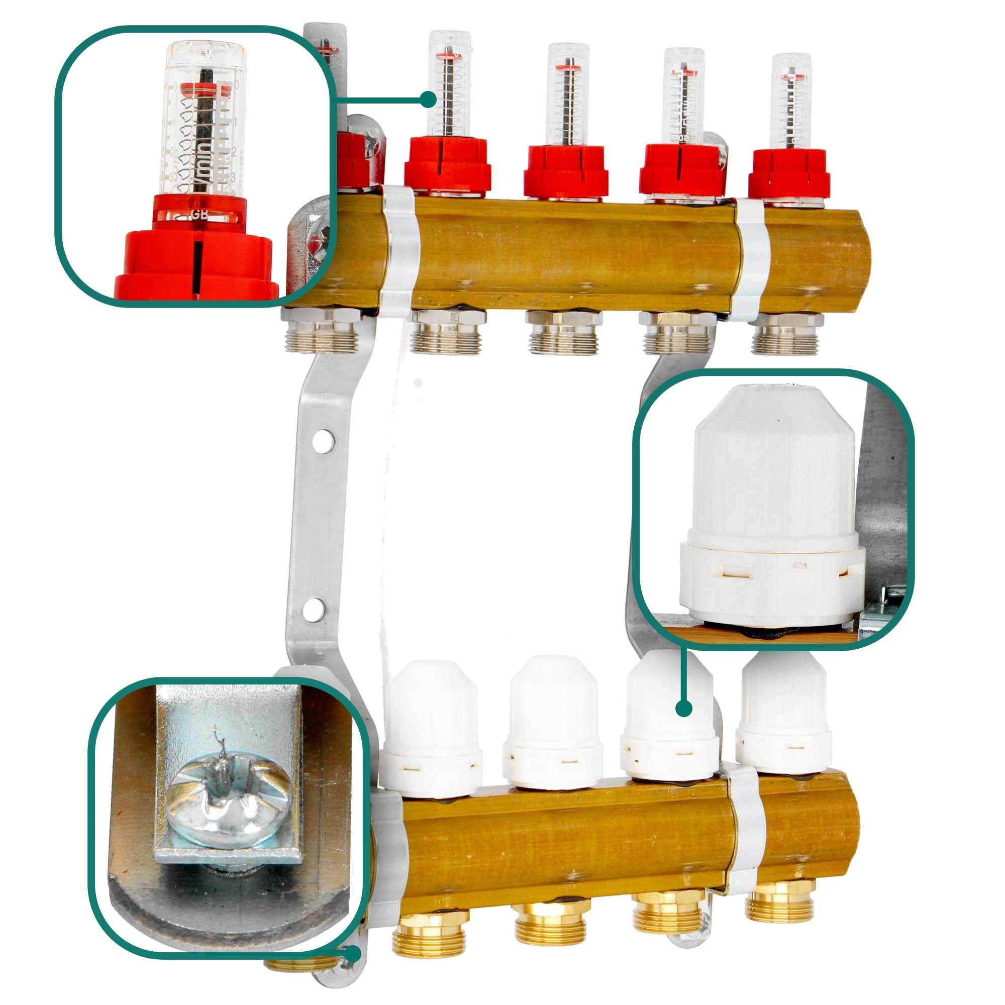 Rozdzielacz PODŁOGÓWKI CO Ogrzewania Podłogowego 5 OBWODÓW Sekcje ROTAMETRY Waga produktu z opakowaniem jednostkowym 3.8 kg