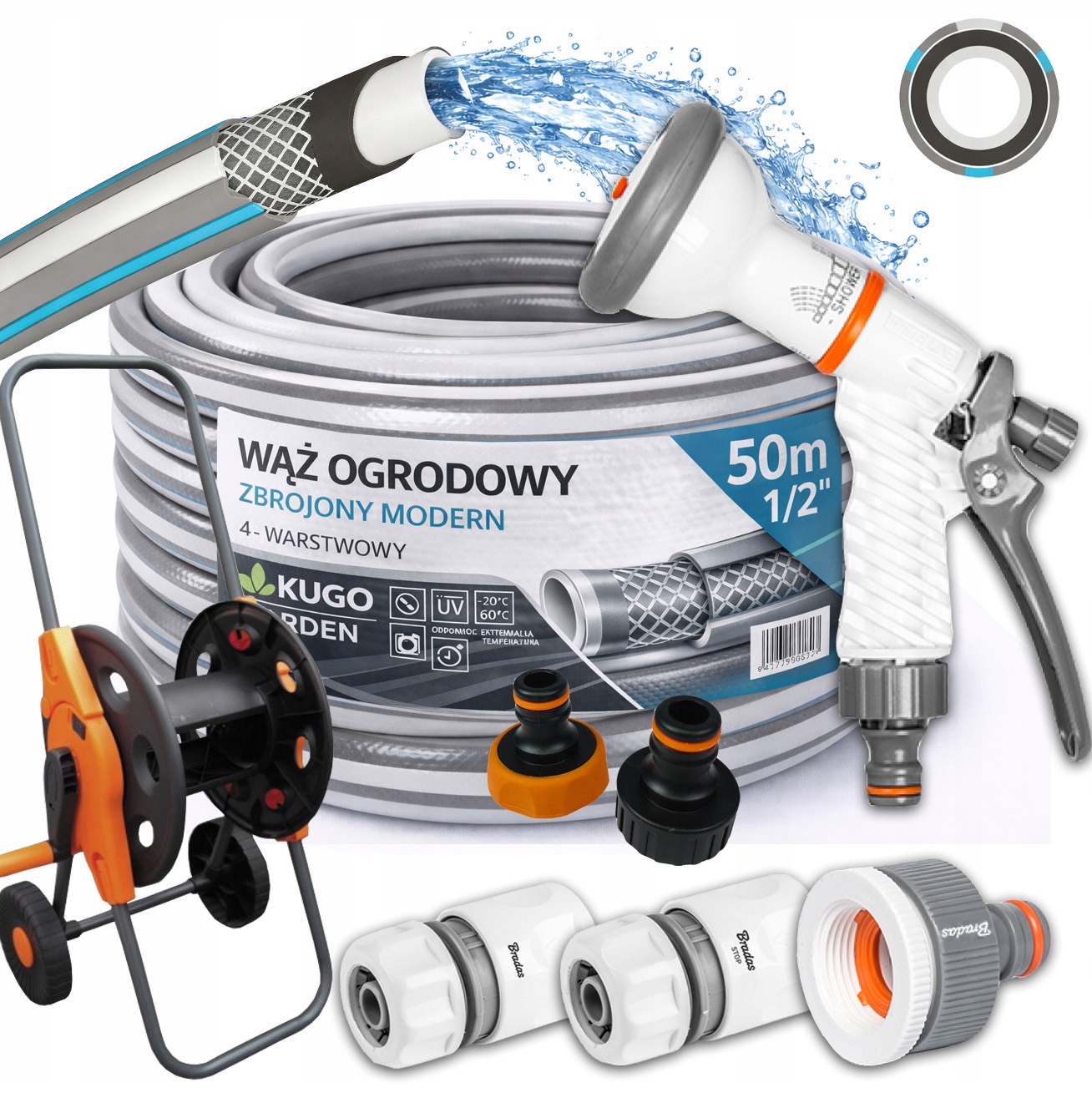 Hadice 1/2" 50 m 4 Vrstvy Modern Pistolet Vozík Sada Bradas