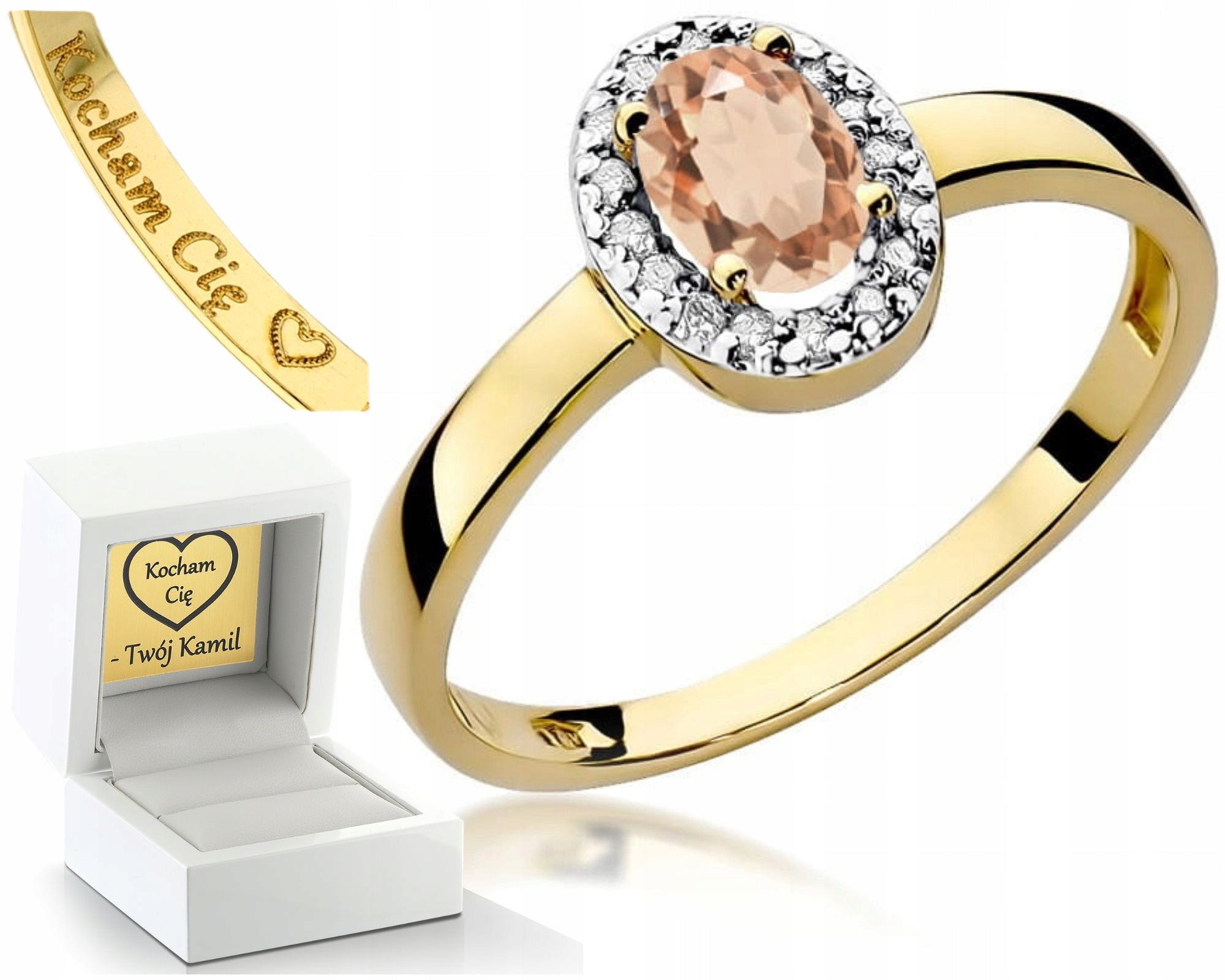 Žluté Zlato Prstýnek Brilianty A Přírodní Kámen Morganit 585 Gravírování