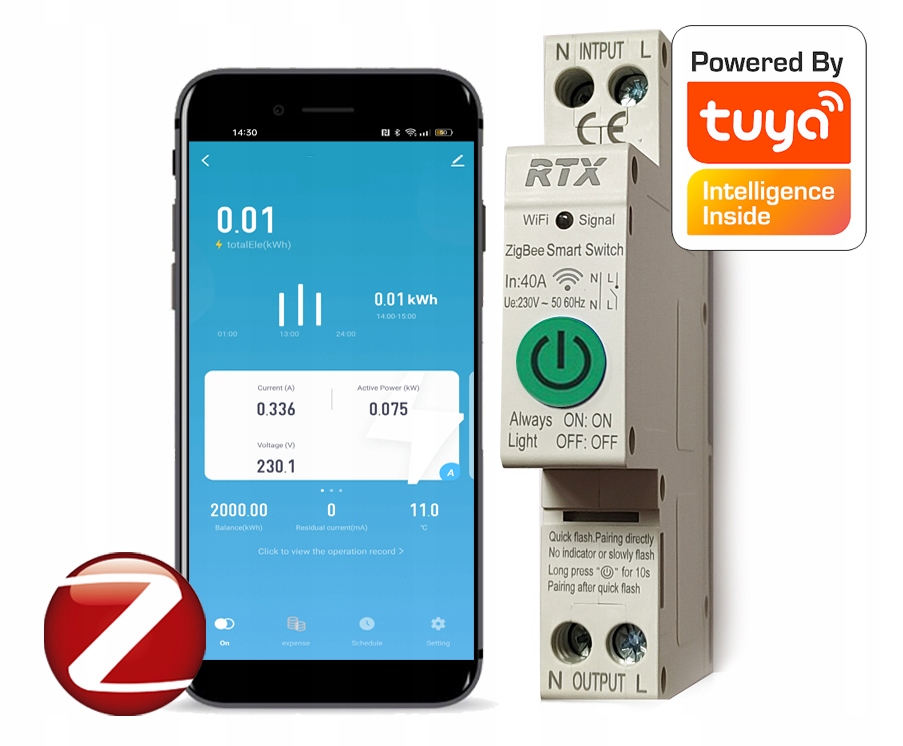 

Przekaźnik licznik prądu Rtx Tuya 40A Din ZigBee