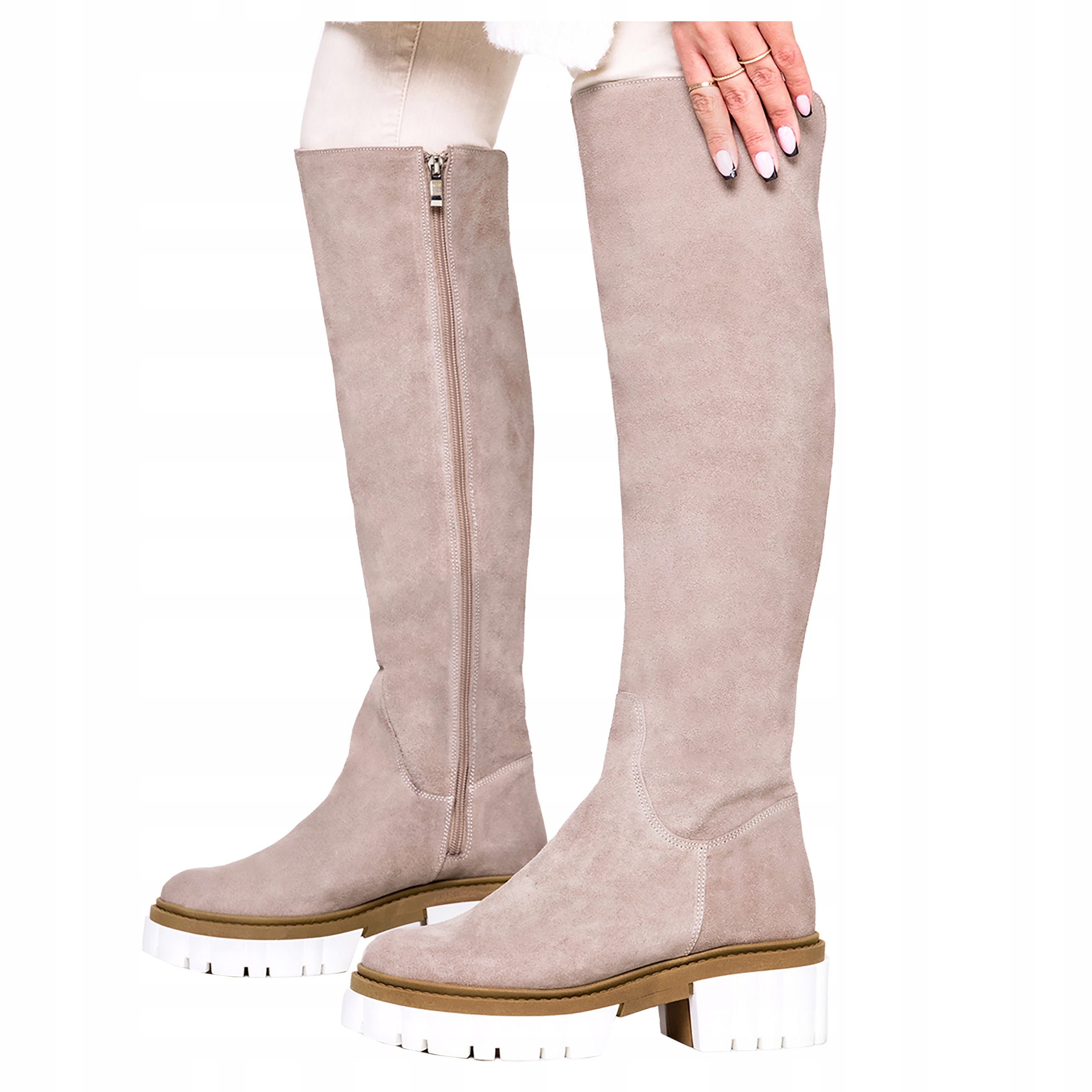 Béžové Kožené Kozačky Nad Koleno Na Platformě Polský Výrobek vel. 37