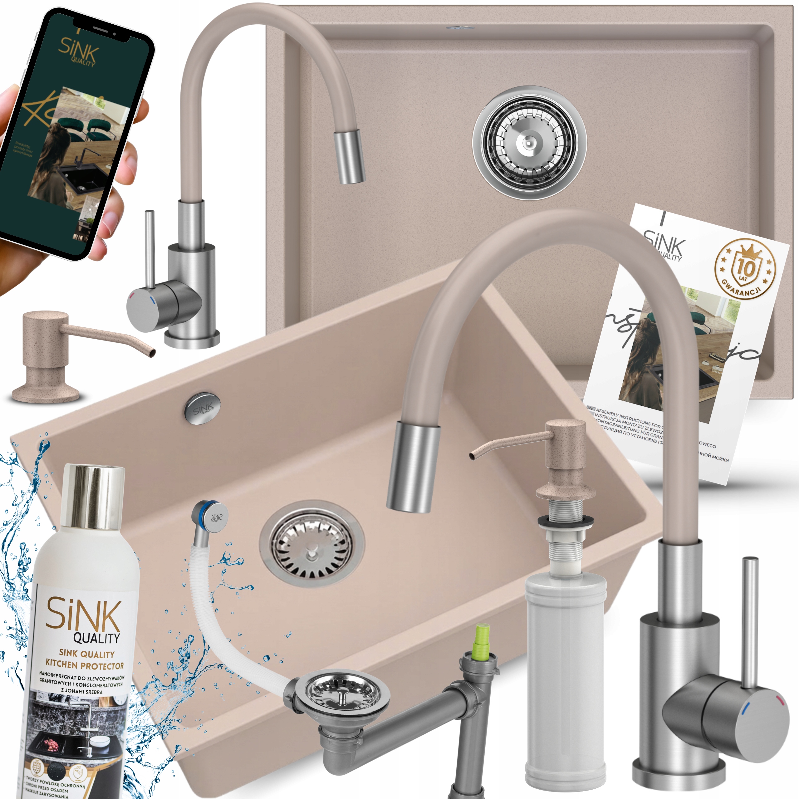 Dřez Granitové Podstolové Závěsné Béžové Baterie impregnační