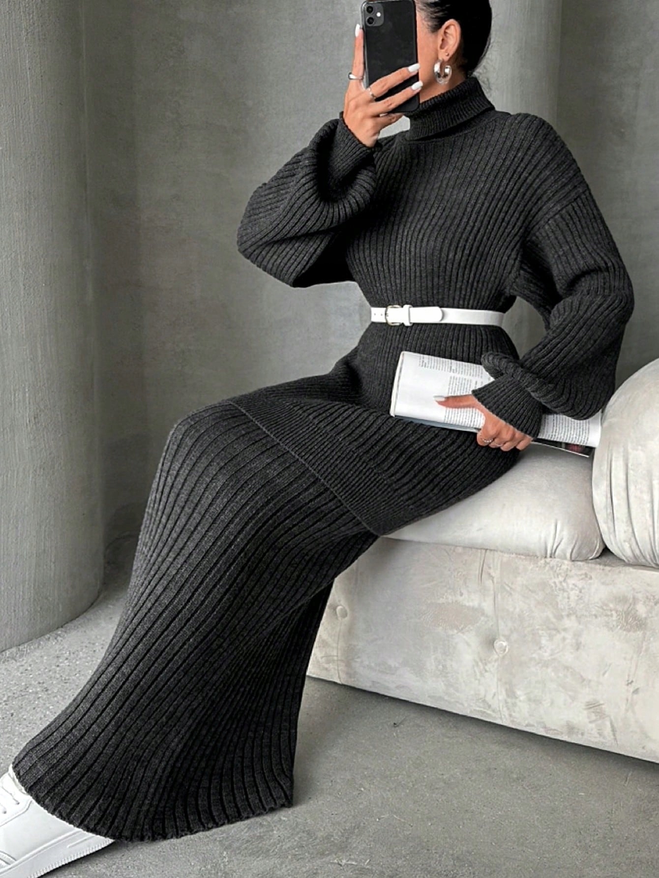 Pletený Svetrový Komplet Stylový, Módní, Šedý, Casual Petite Shein, Velikost 40