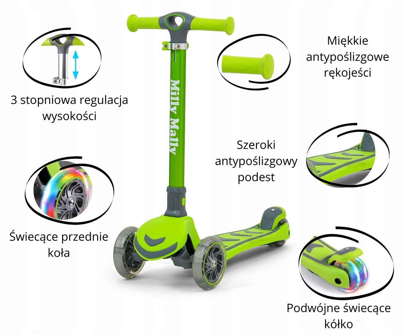 Solidna HULAJNOGA dla dzieci trójkołowa LED! Boogie Green 3+ ZIELONA JAKOŚĆ Kolor Zielony