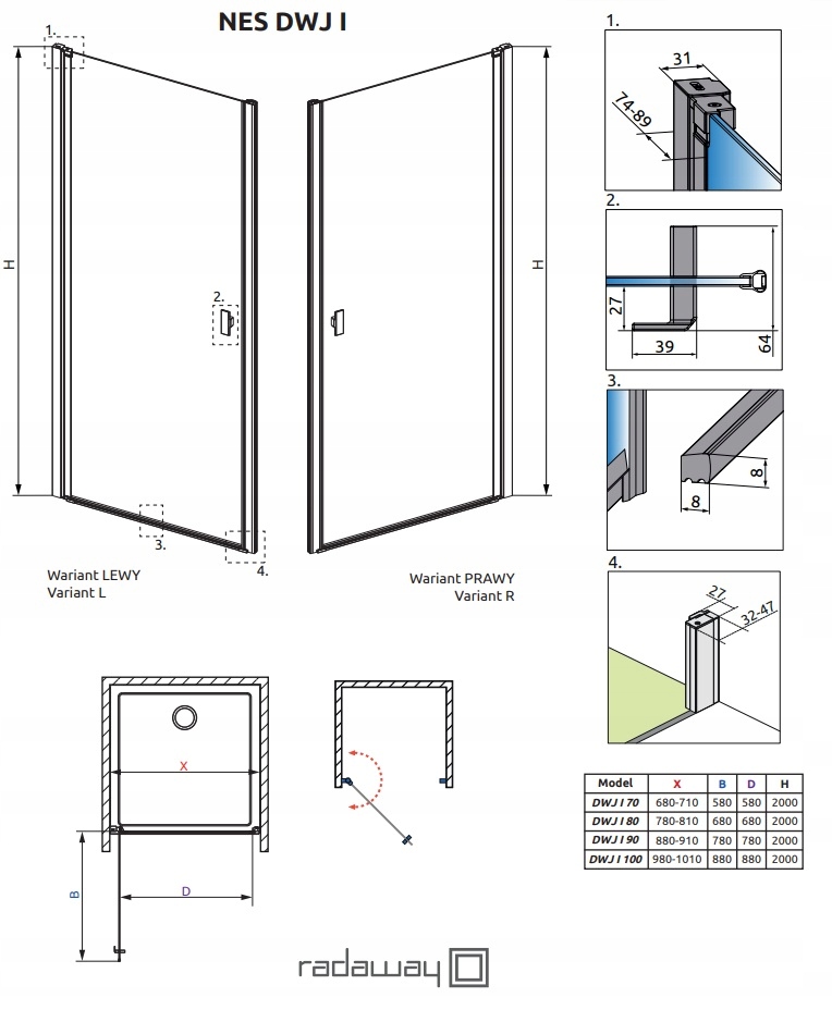 Drzwi LEWE NES BLACK DWJ I 90x200 cm RADAWAY Kod producenta 22568/38321