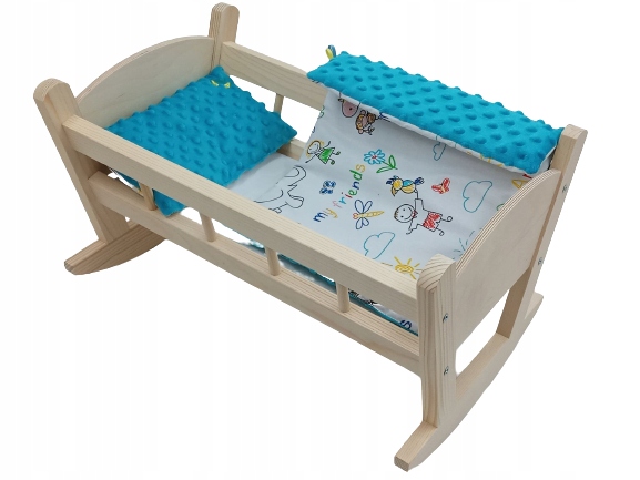 KOŁYSKA DLA LALEK DREWNIANA + POŚCIEL