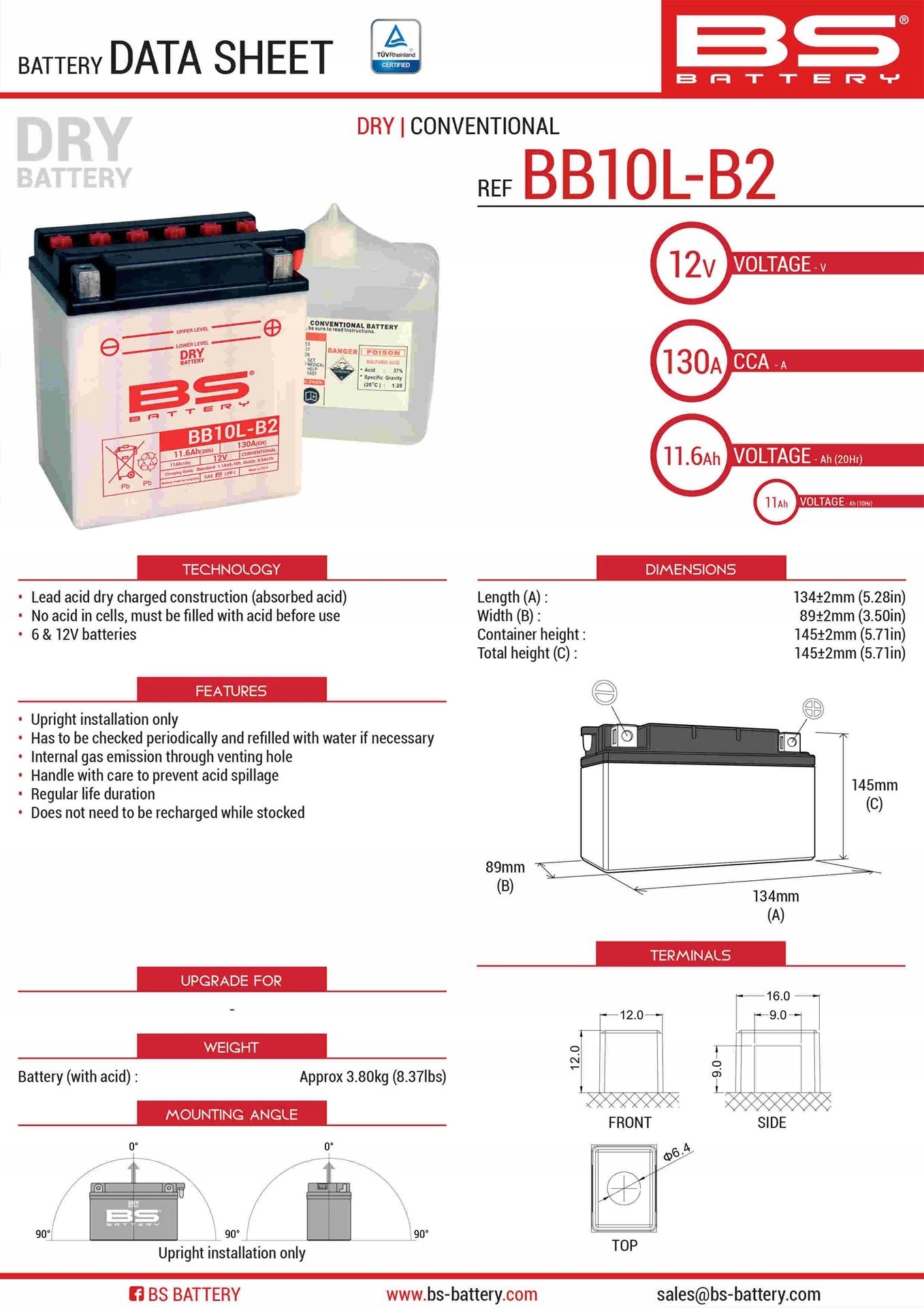 Bs Batéria BB10L-B2 (YB10L-B2) 12V 11AH 134X89X145 Obs Lužný Elektroly