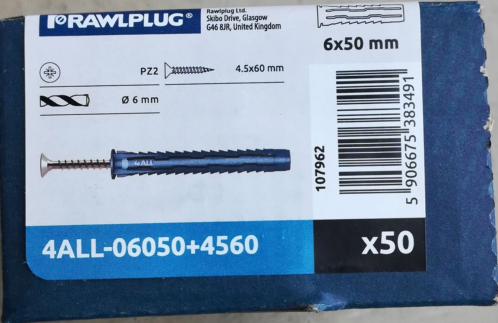 

Rawlplug Kołek 4ALL fi 6mm x 50mm Wkręt 4,5x60mm