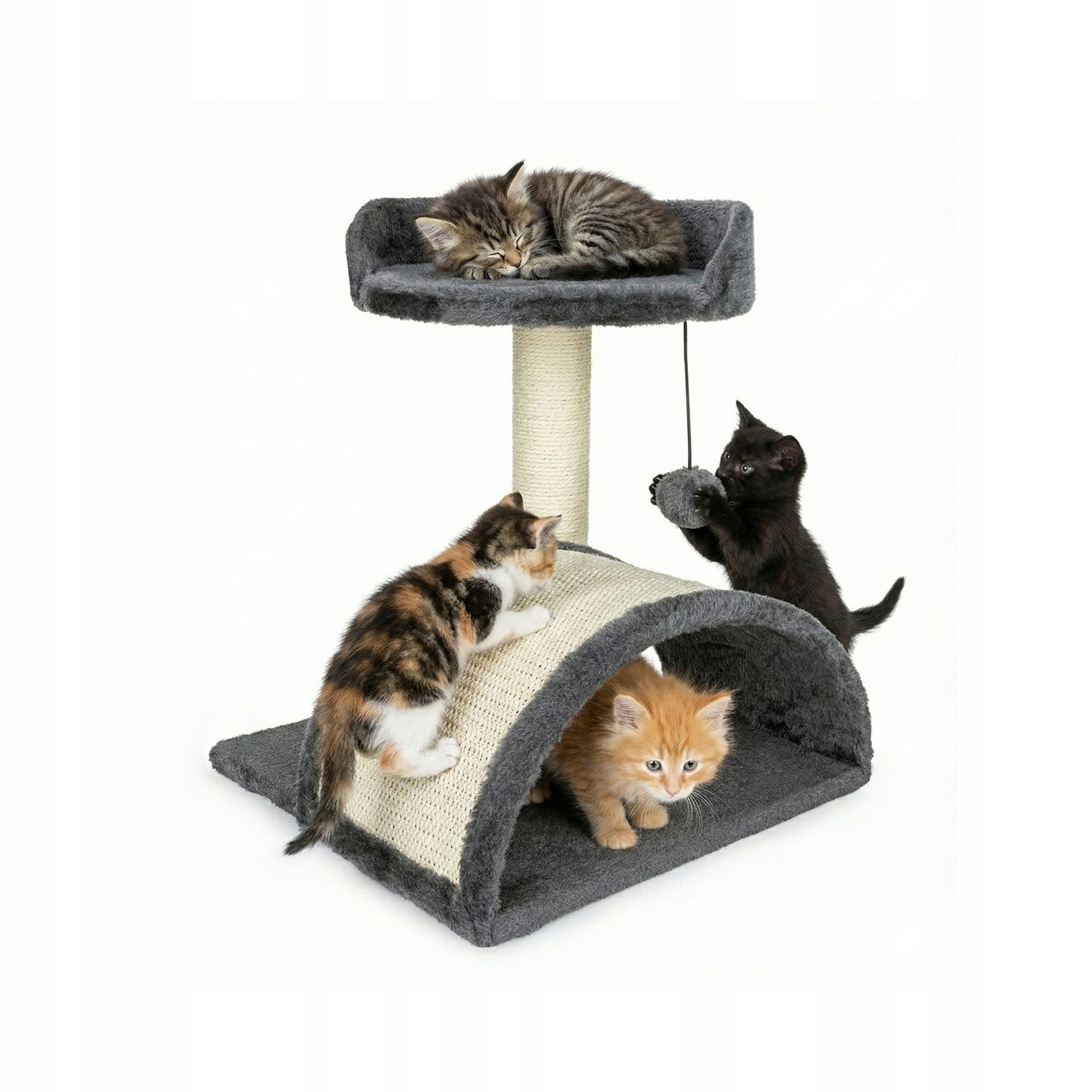 Levně Škrabadlo tmavě šedé pro kočky 42 cm pelíšek 3 úrovně hračka na sloupku