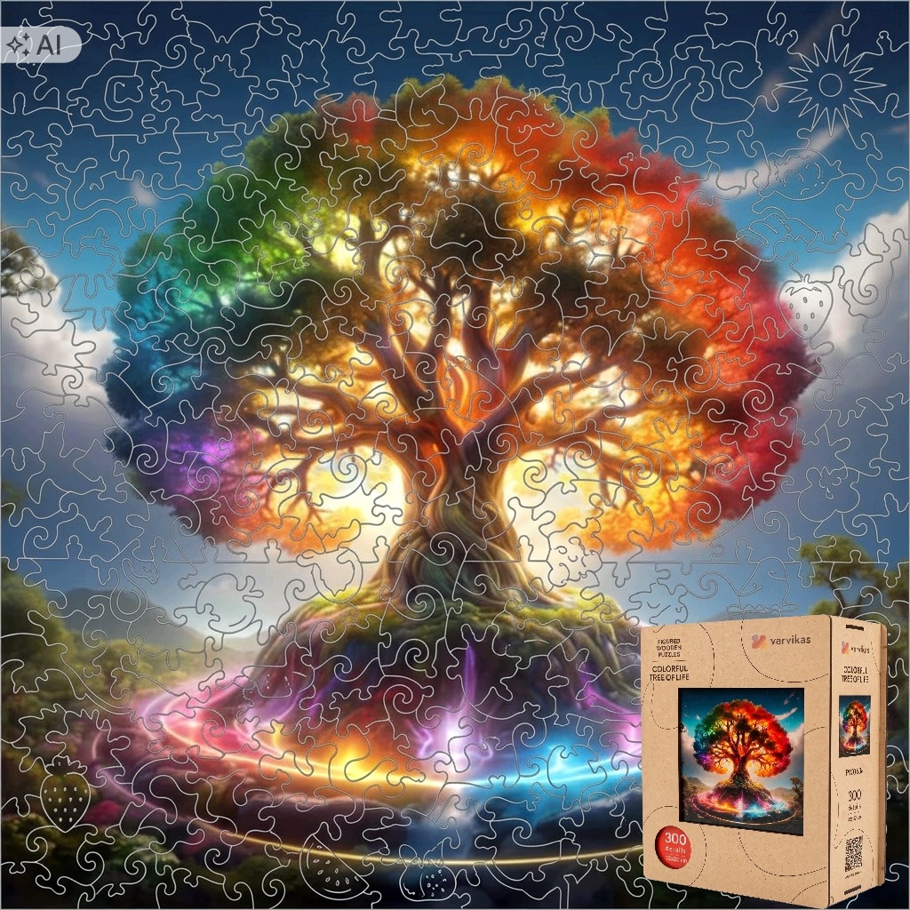 Puzzle Drewniane Duże XL 300 Eł w Drewnianym Pudełku Drzewo Życia Kolorowe