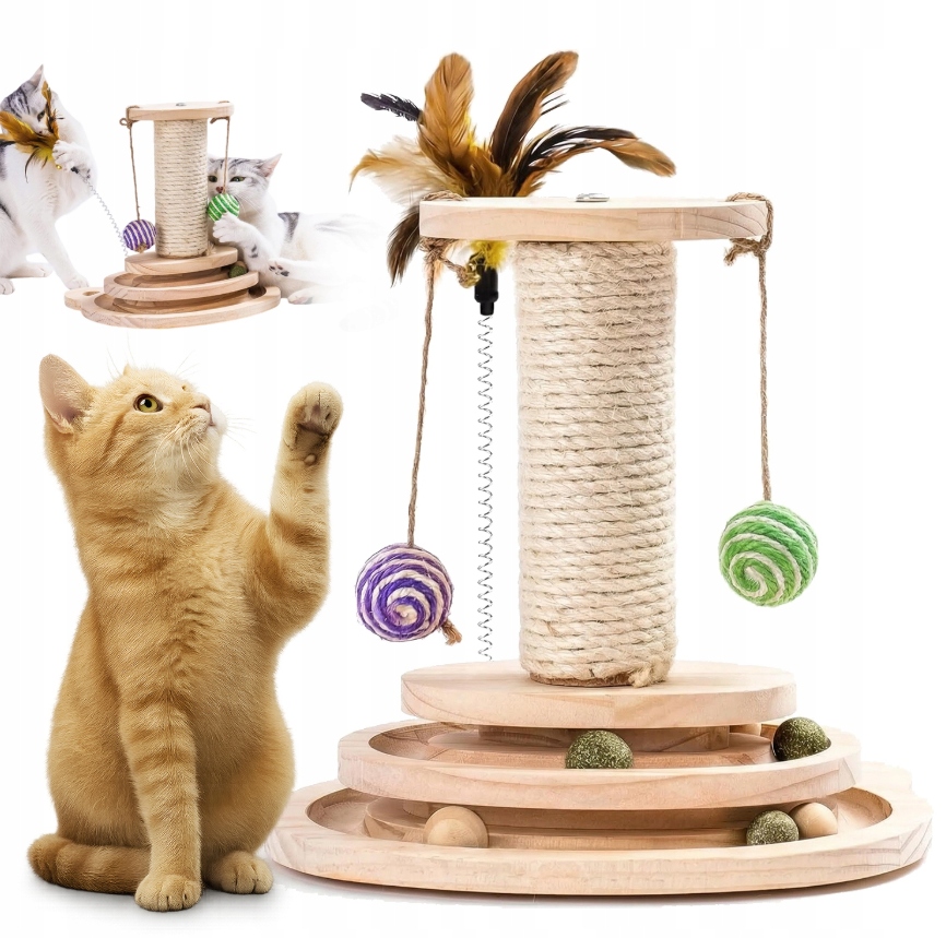Levně Dřevěná Hračka Pro Kočky Interaktivní Škrabadlo S Míčkem