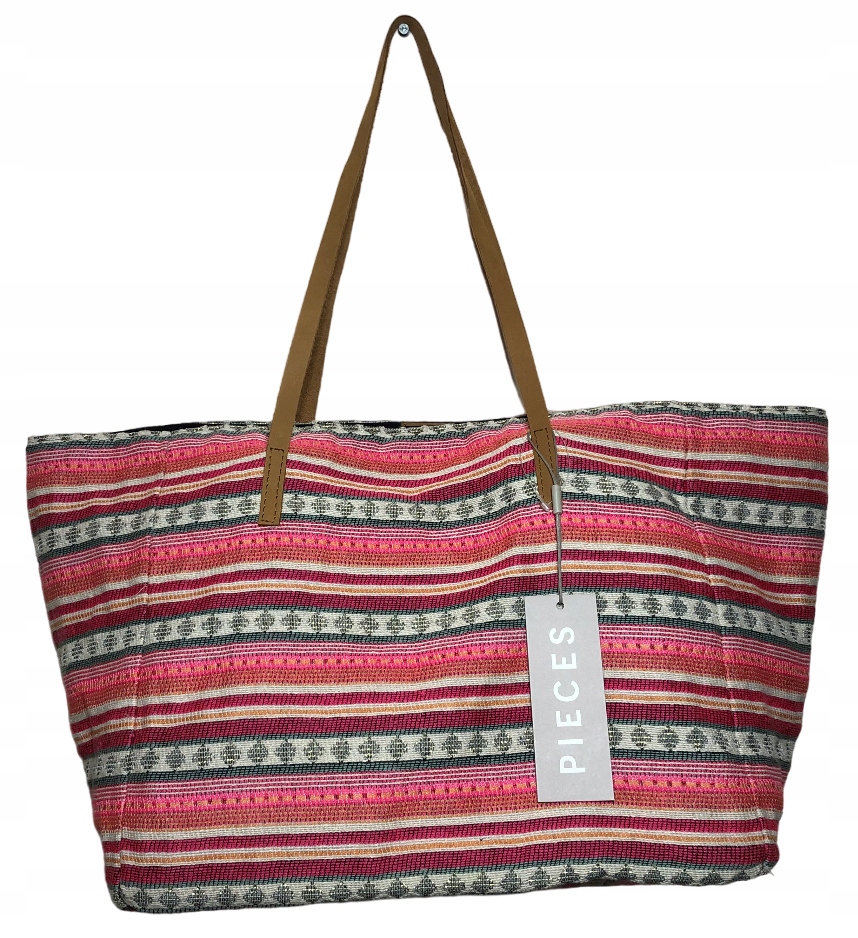 2154 Duża Elegancka Tkana Torba Plażowa Na Ramię PIECES Canvas Indie