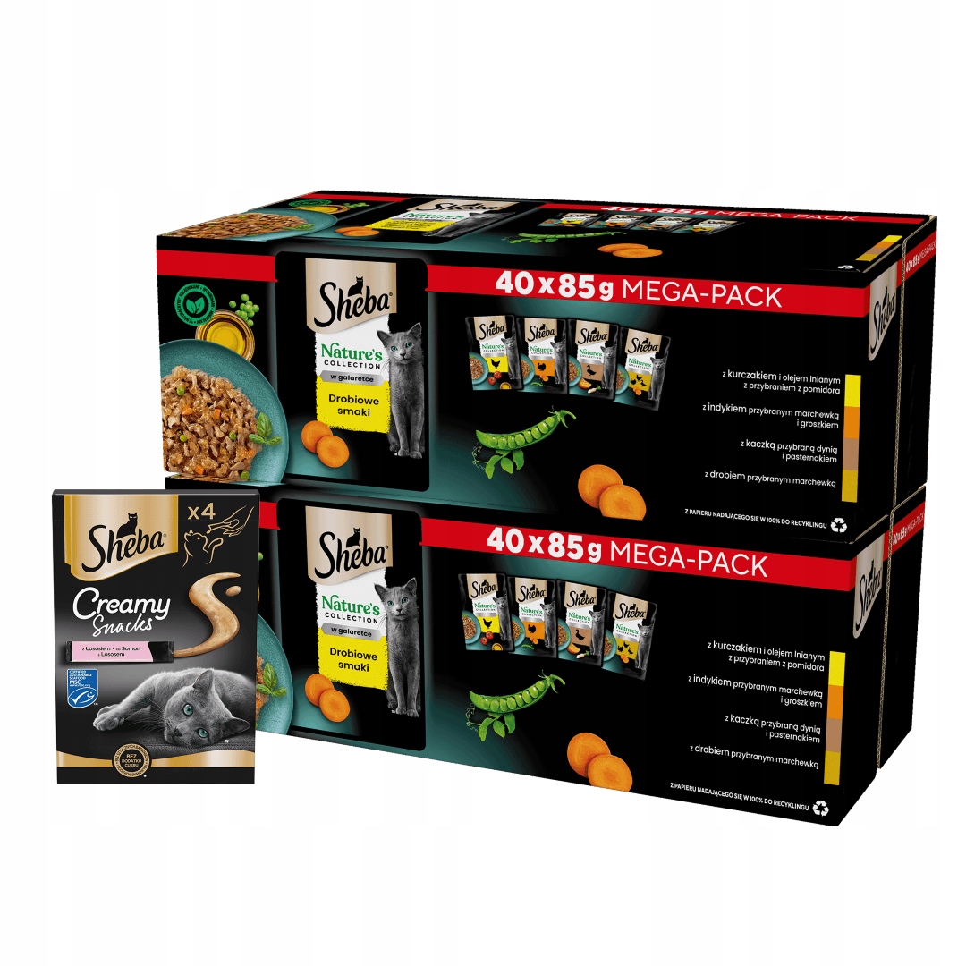 Levně Sheba Drůbeží příchutě 80x85g Mokré Krmivo Pro Kočky+ Sheba Creamy Snacks 4x12g