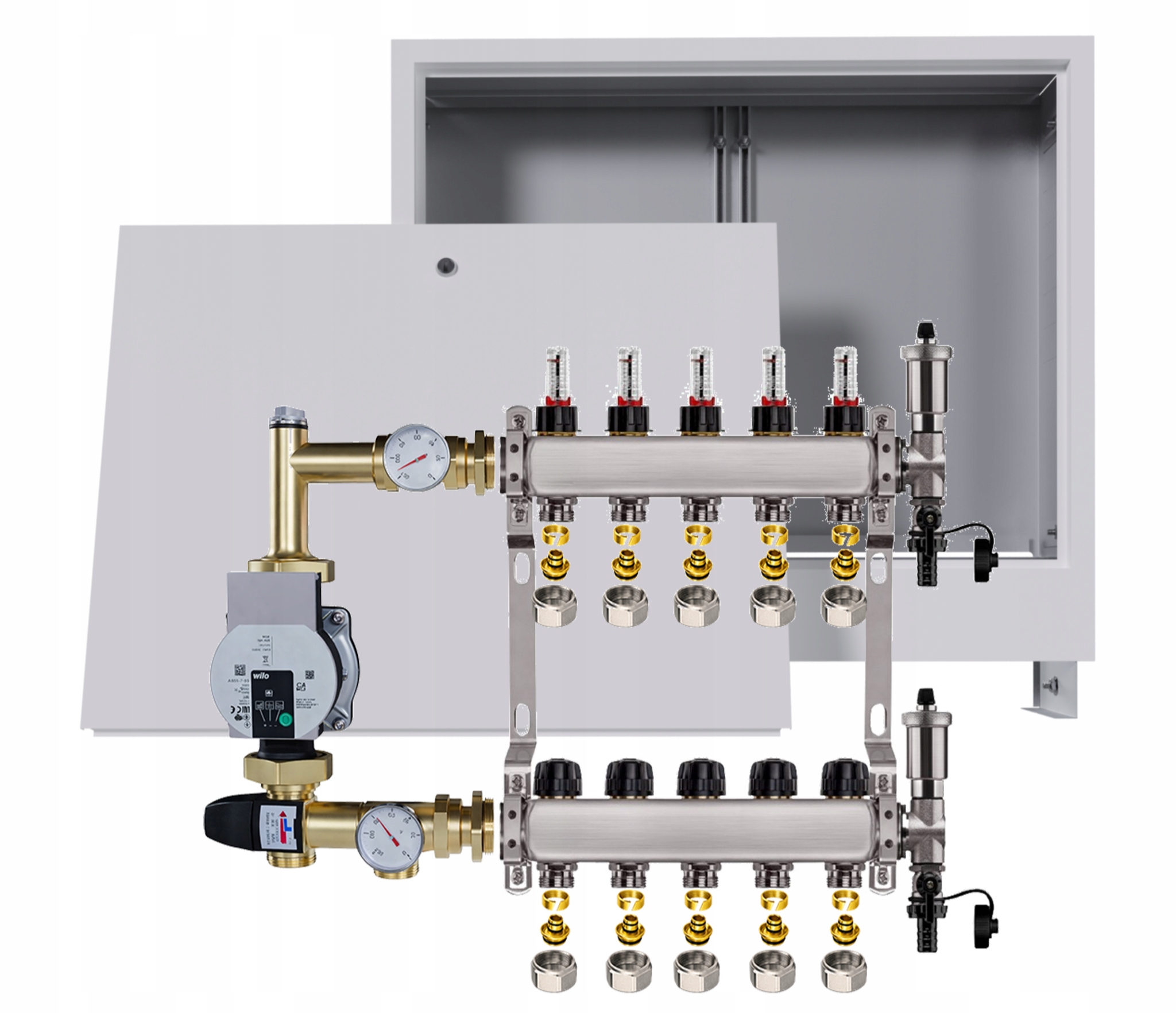 Nerezový rozdělovač pro podlahovku 5 podomítková skříňka Pompa Wilo Pex