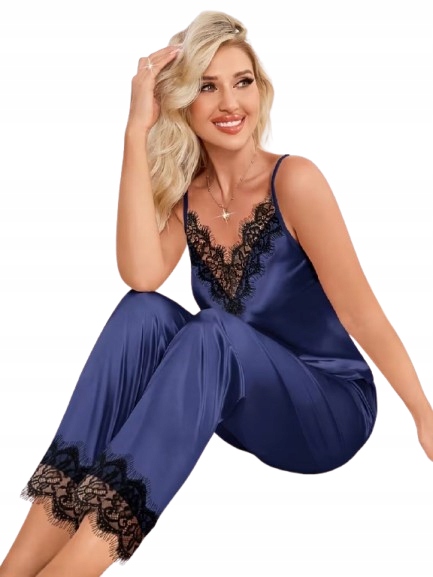 Tmavě Modré Pyžamo Satén Černá Krajka Dlouhé Kalhoty Saténová Pyžama XL