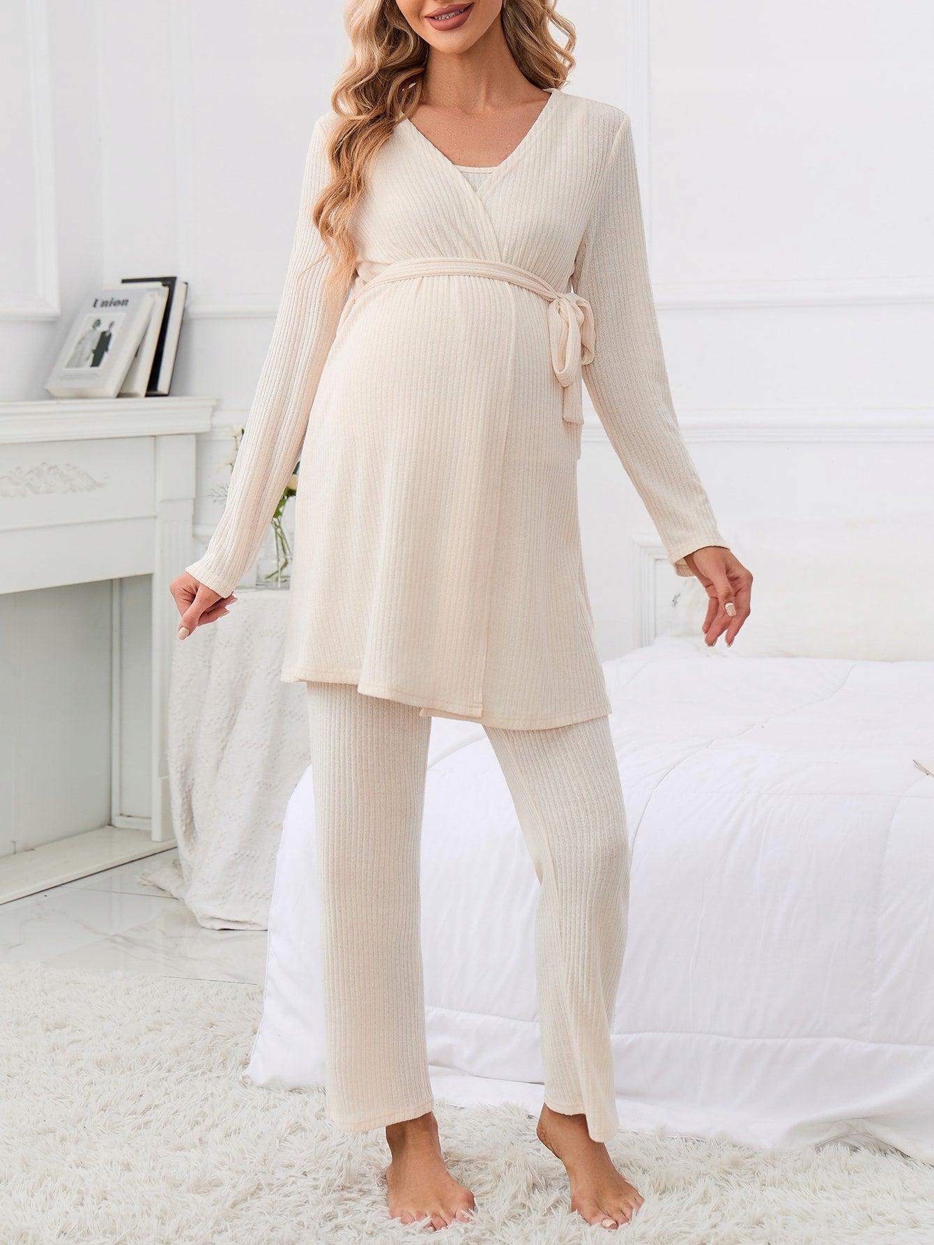 KREMOWY PRĄŻKOWANY KOMPLET CIĄŻOWY TOP SZLAFROK SPODNIE DŁUGIE SHEIN 44