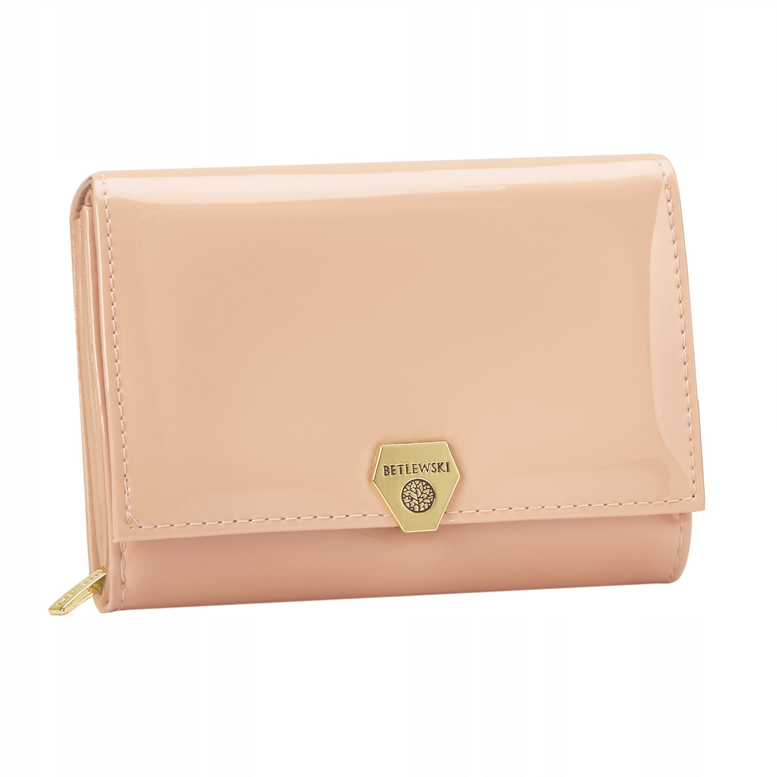 Lakierowany mały portfel damski nude dla przyjaciółki skórzany